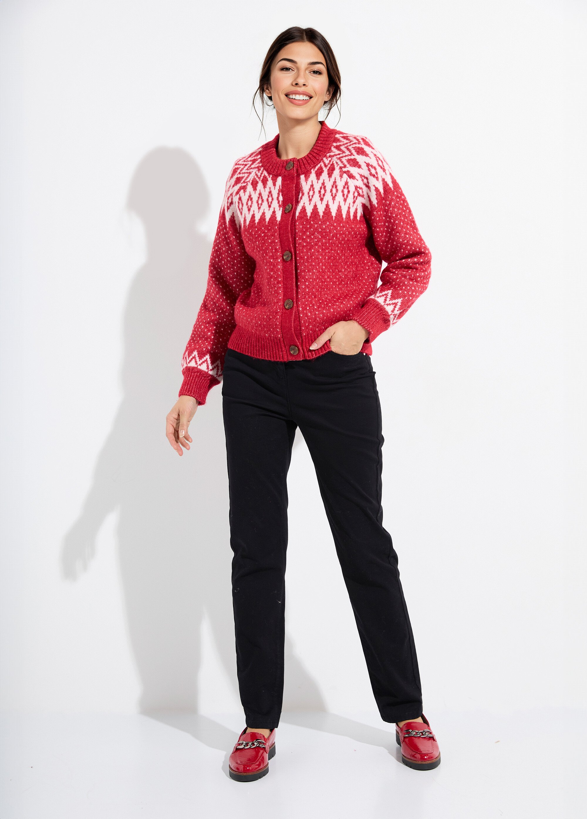 Gilet chaud boutonné jacquard graphique Femme ROUGE ET ECRU POLETTE SF1