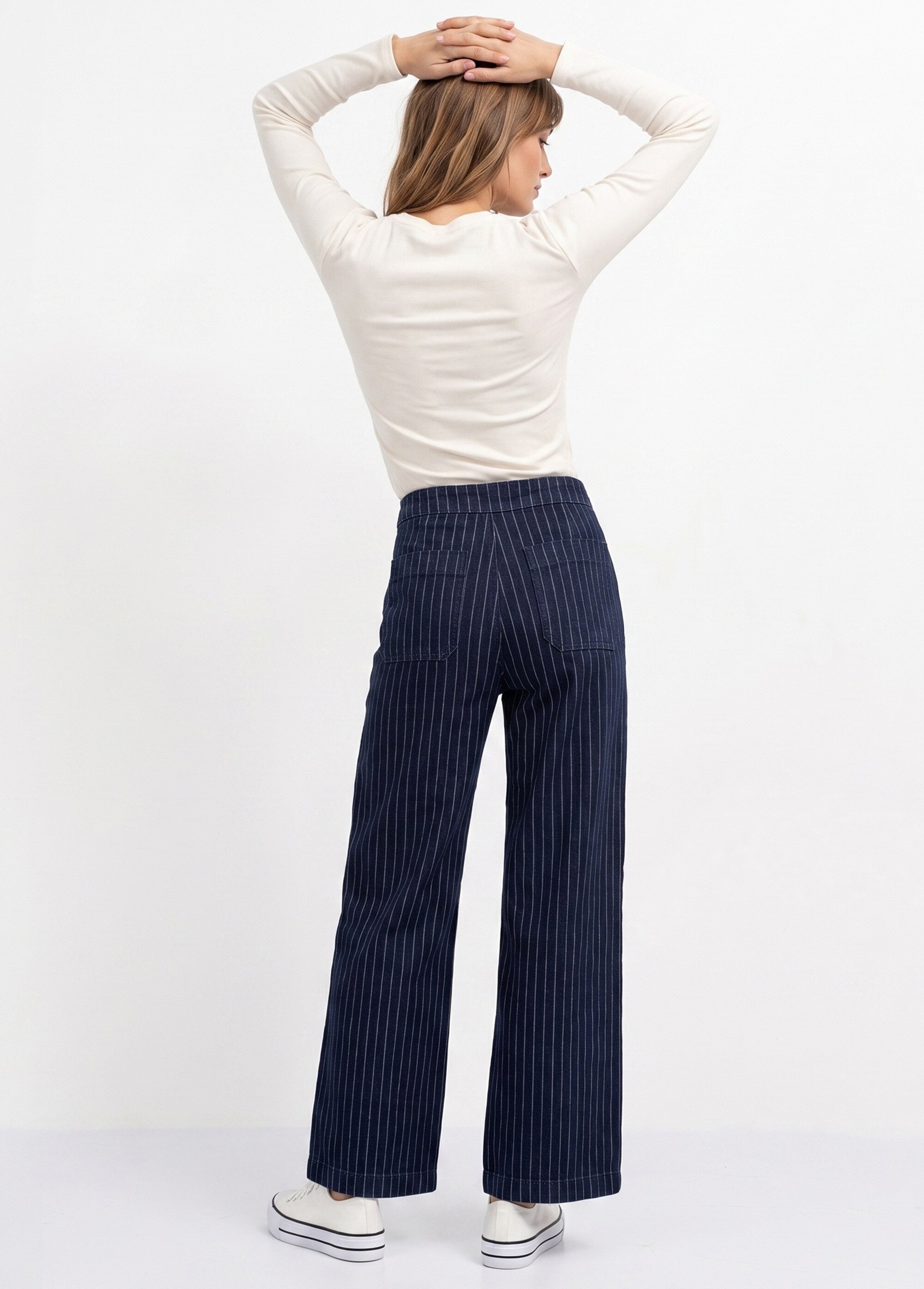 Jean à pont taille haute denim brut rayé Femme Bleu OR-JD691RAY DO1