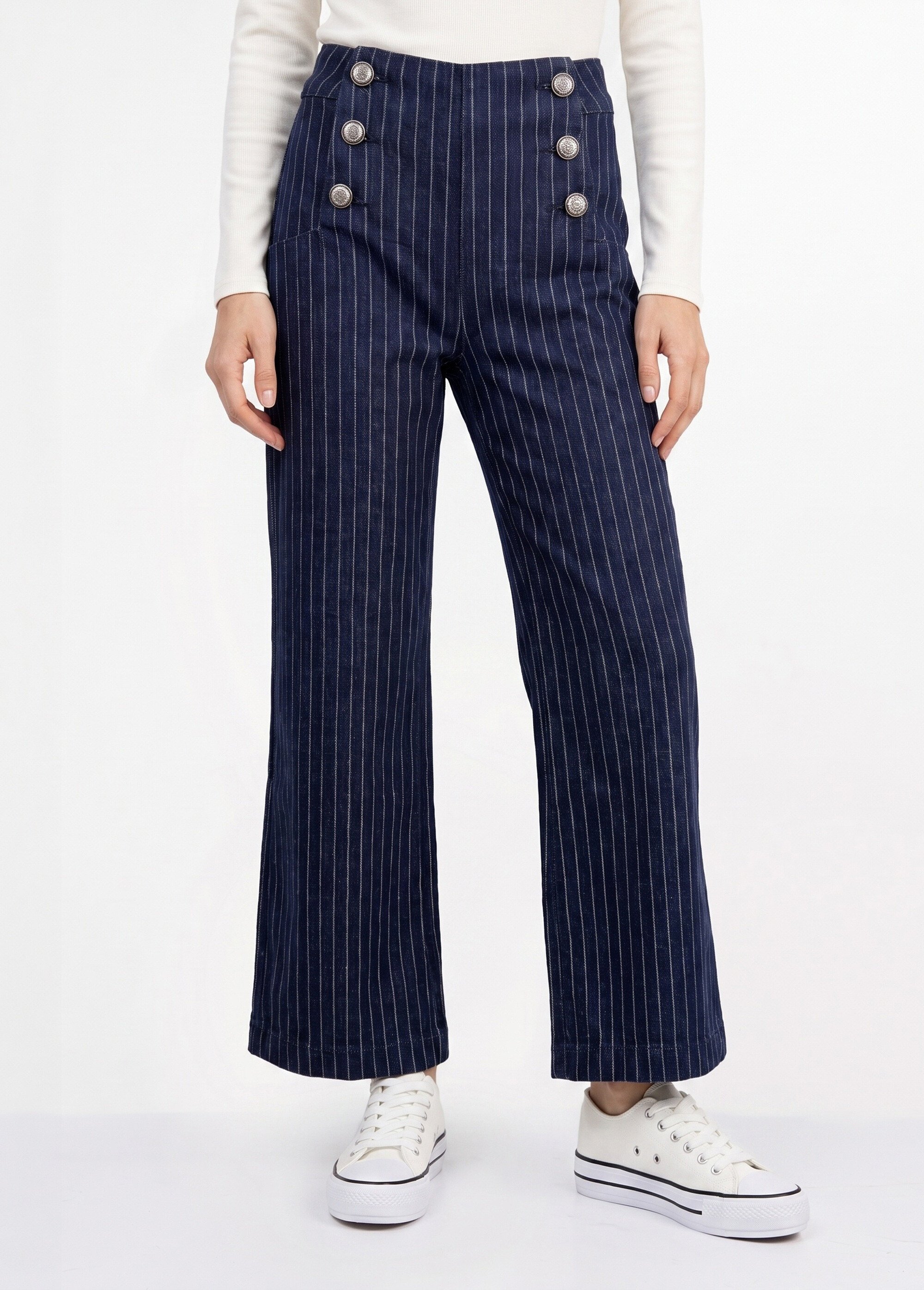 Jean à pont taille haute denim brut rayé Femme Bleu OR-JD691RAY FA1