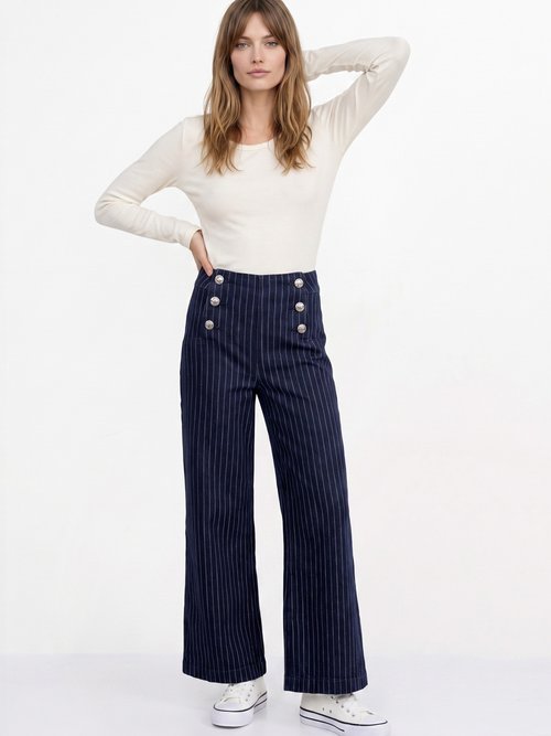 Jean à pont taille haute denim brut rayé Femme Bleu OR-JD691RAY MV1