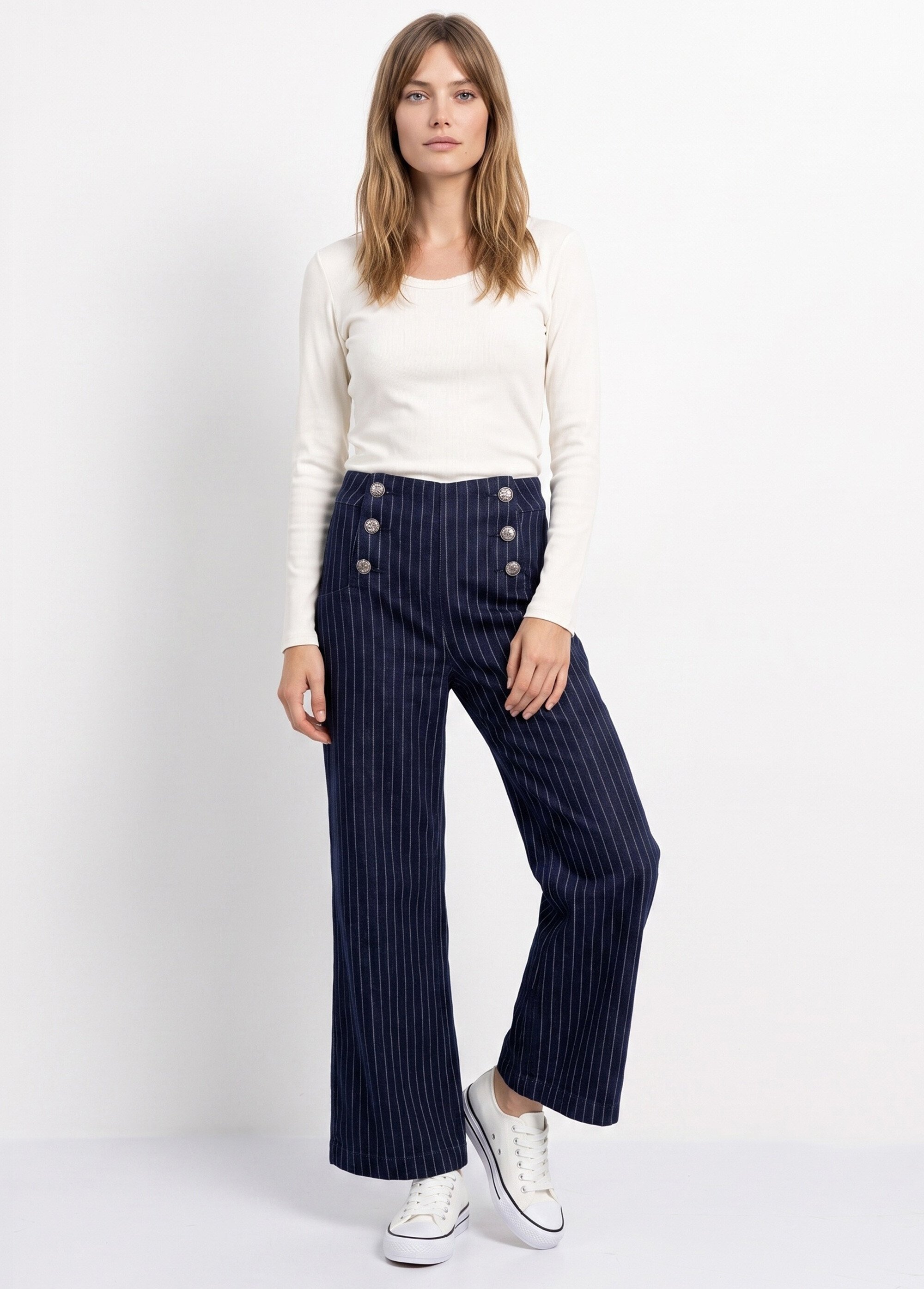 Jean à pont taille haute denim brut rayé Femme Bleu OR-JD691RAY SI1