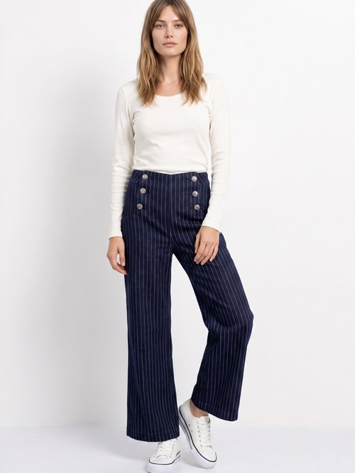 Jean à pont taille haute denim brut rayé Femme Bleu OR-JD691RAY SI1
