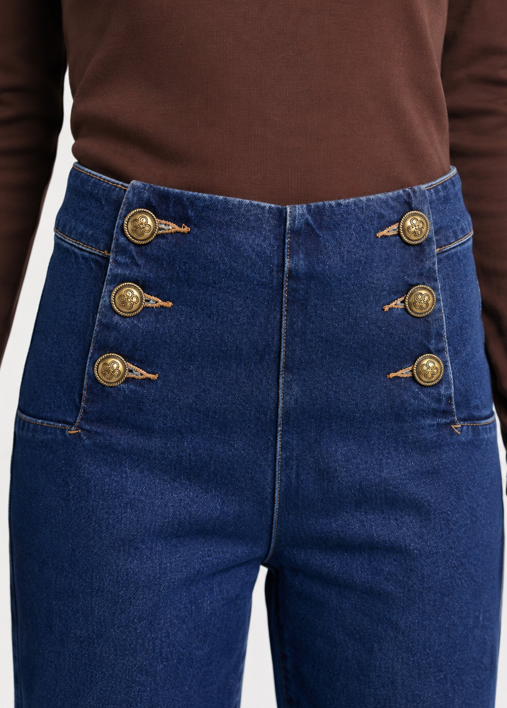 Jean à pont taille haute en toile denim Femme Bleu OR-JD691 DE1