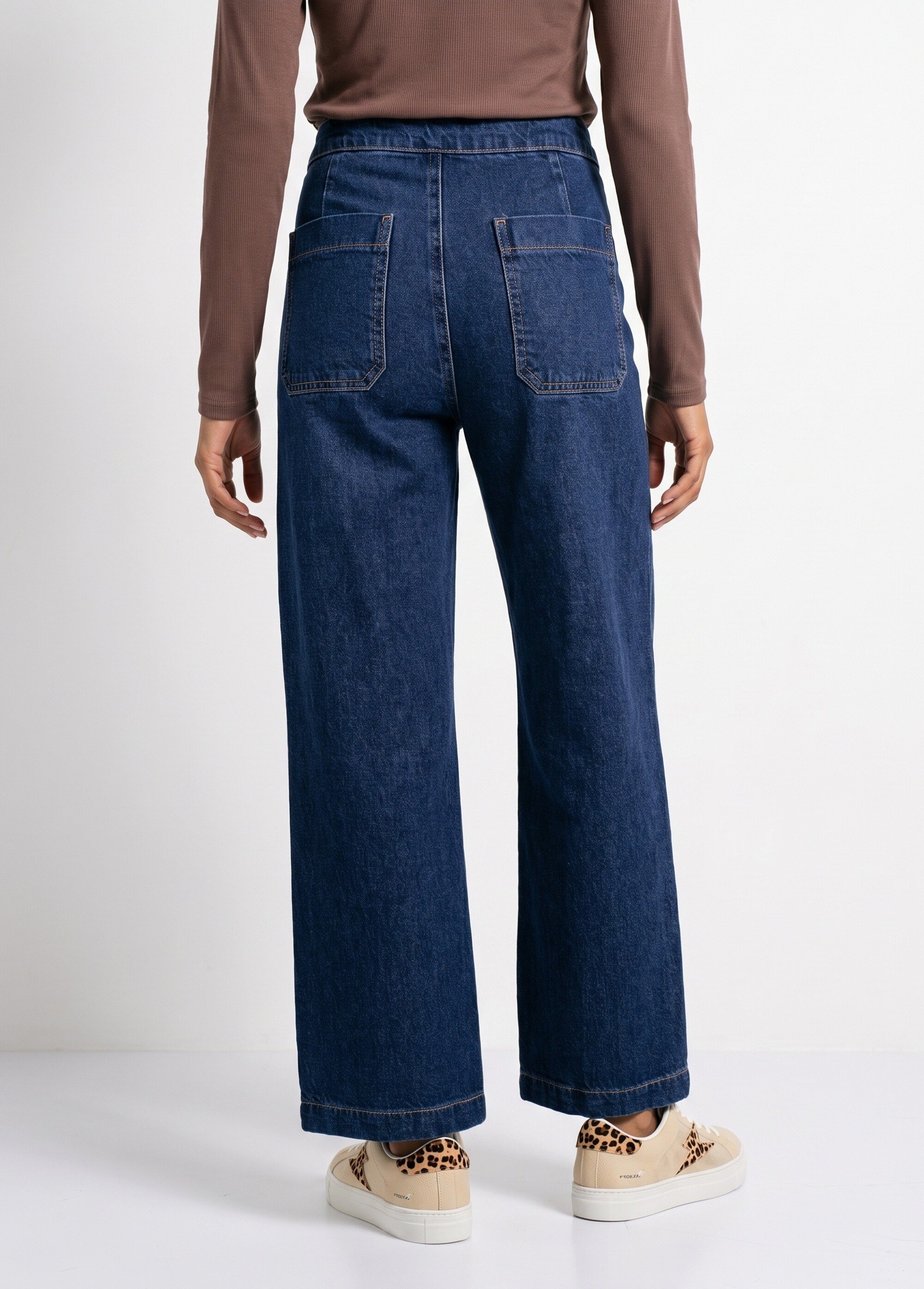Jean à pont taille haute en toile denim Femme Bleu OR-JD691 DO1