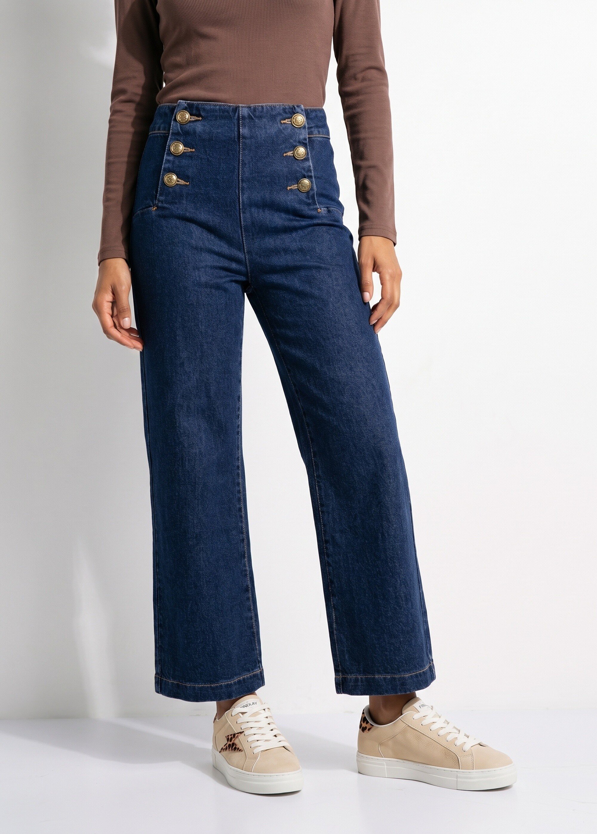 Jean à pont taille haute en toile denim Femme Bleu OR-JD691 FA1