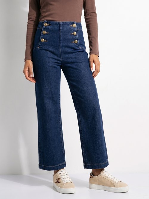 Jean à pont taille haute en toile denim Femme Bleu OR-JD691 FA1