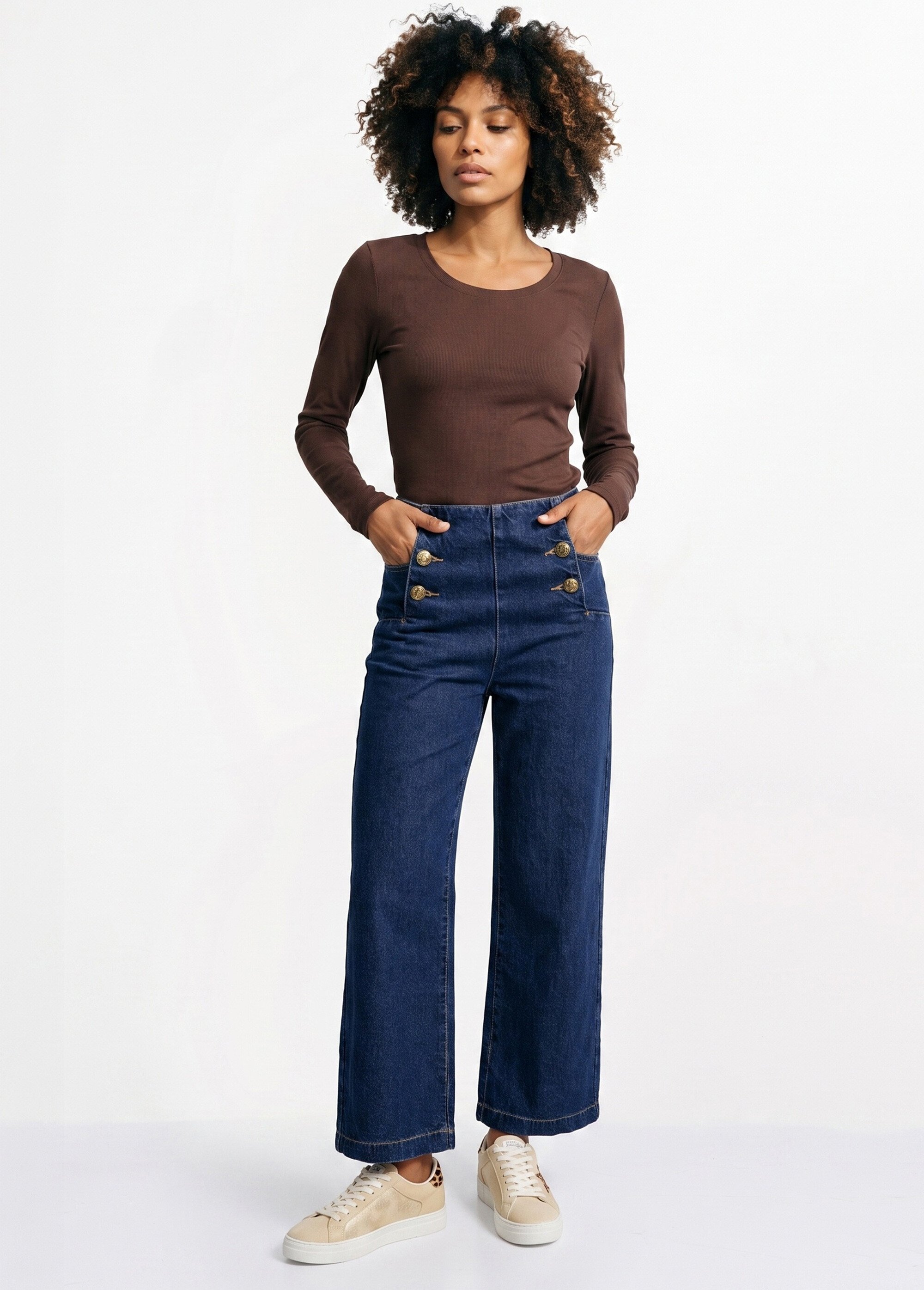 Jean à pont taille haute en toile denim Femme Bleu OR-JD691 SI1
