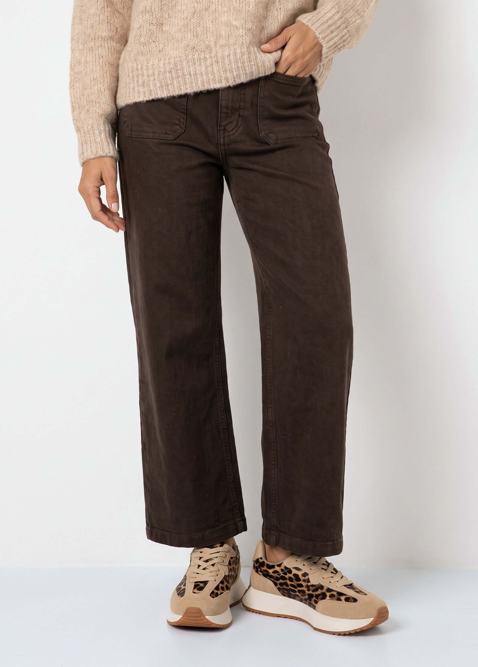 Jean wide taille haute, poches plaquées Femme Marron OR-JD478 FA1