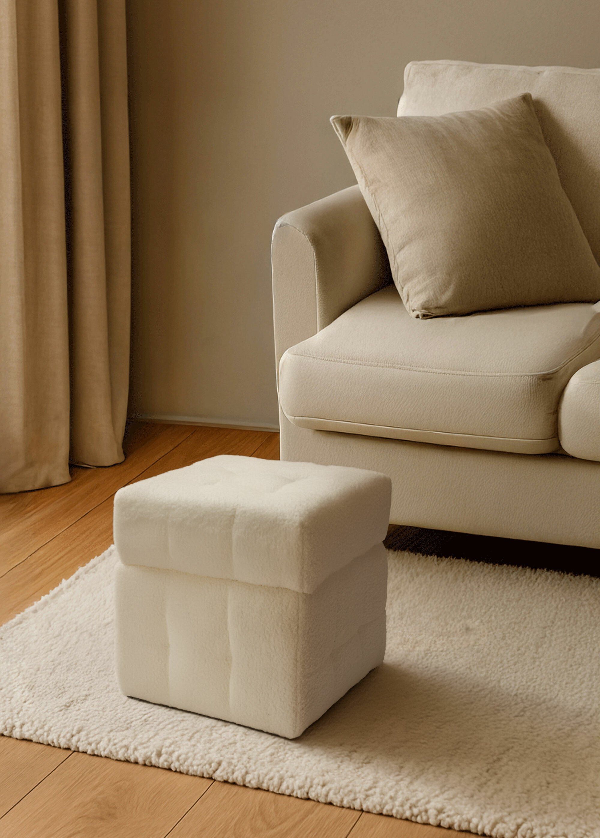 Pouf capitonné rangement, aspect laineux BLANC KP-NB1510850 SF1