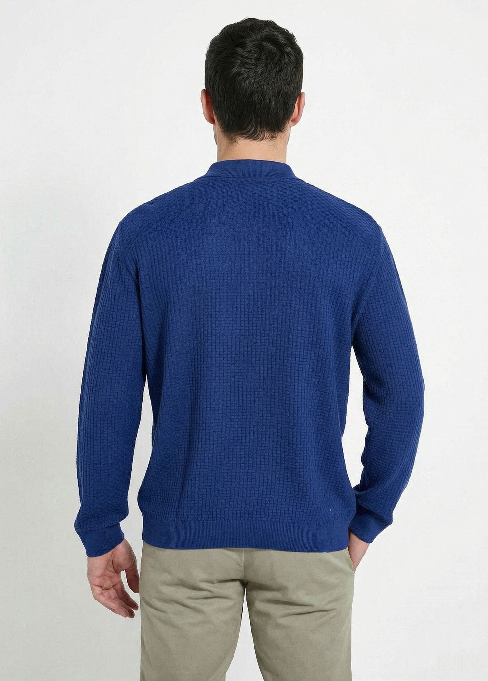 Pull col polo boutonné manches longues coton Homme Bleu FORMEL DO1