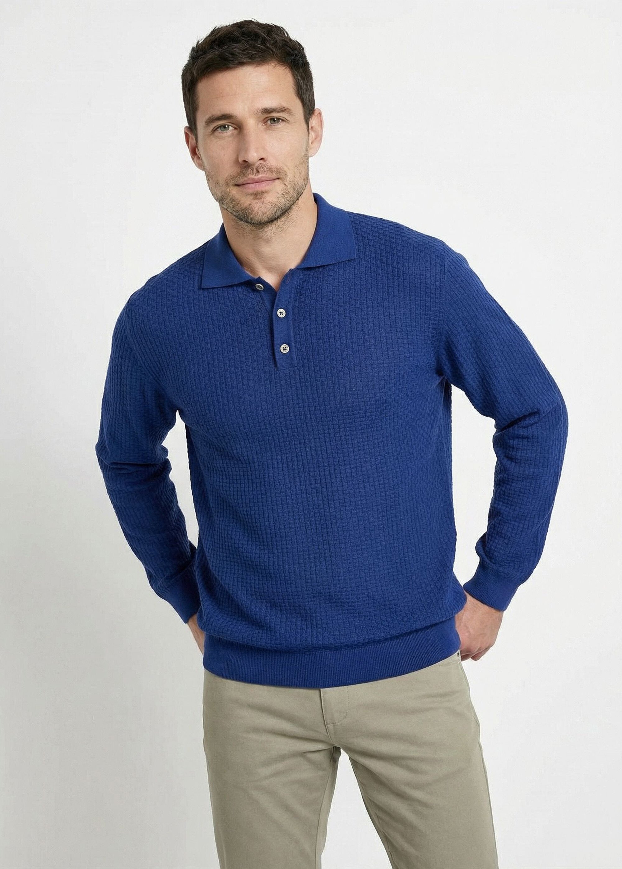 Pull col polo boutonné manches longues coton Homme Bleu FORMEL FA1