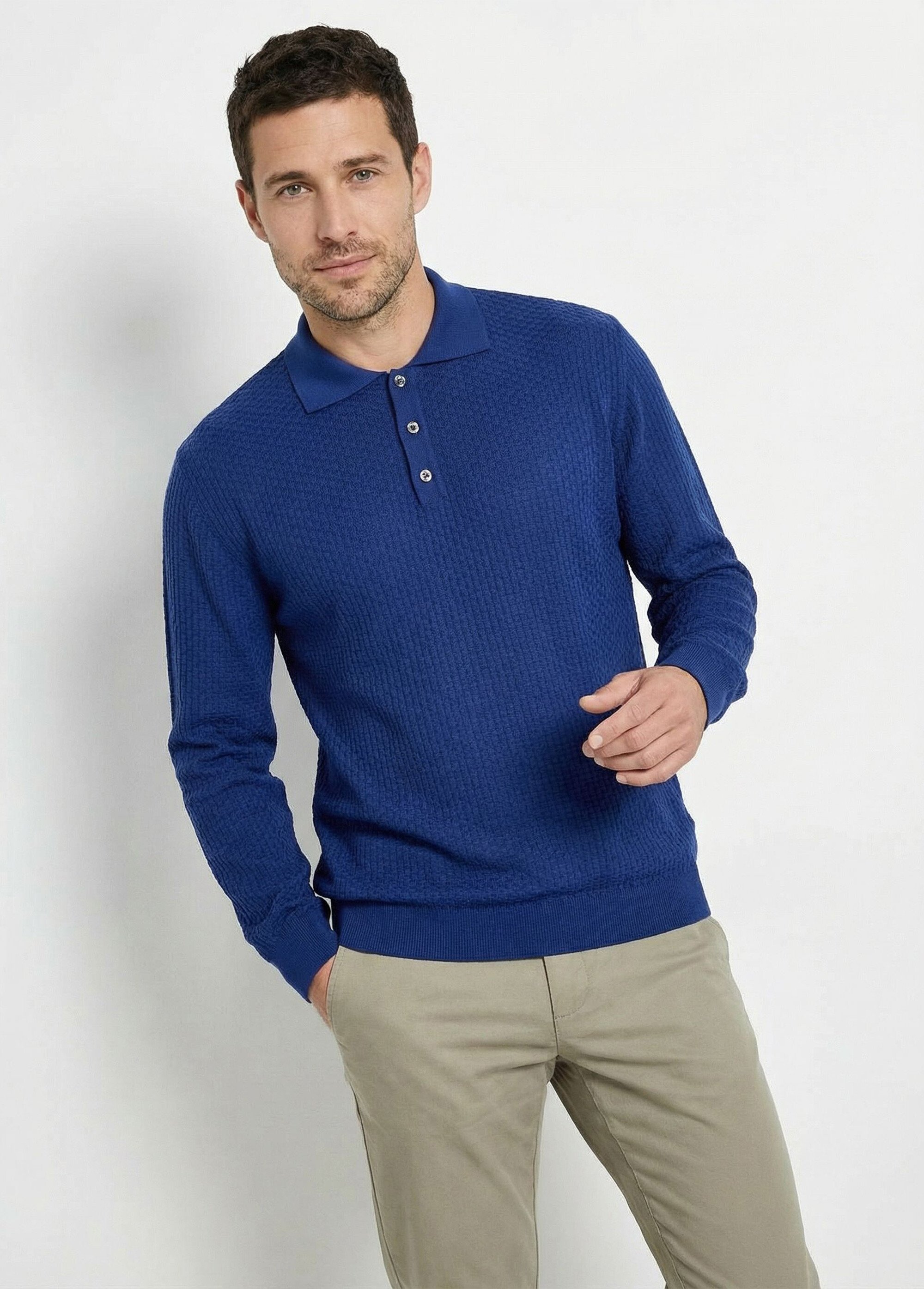 Pull col polo boutonné manches longues coton Homme Bleu FORMEL MV1