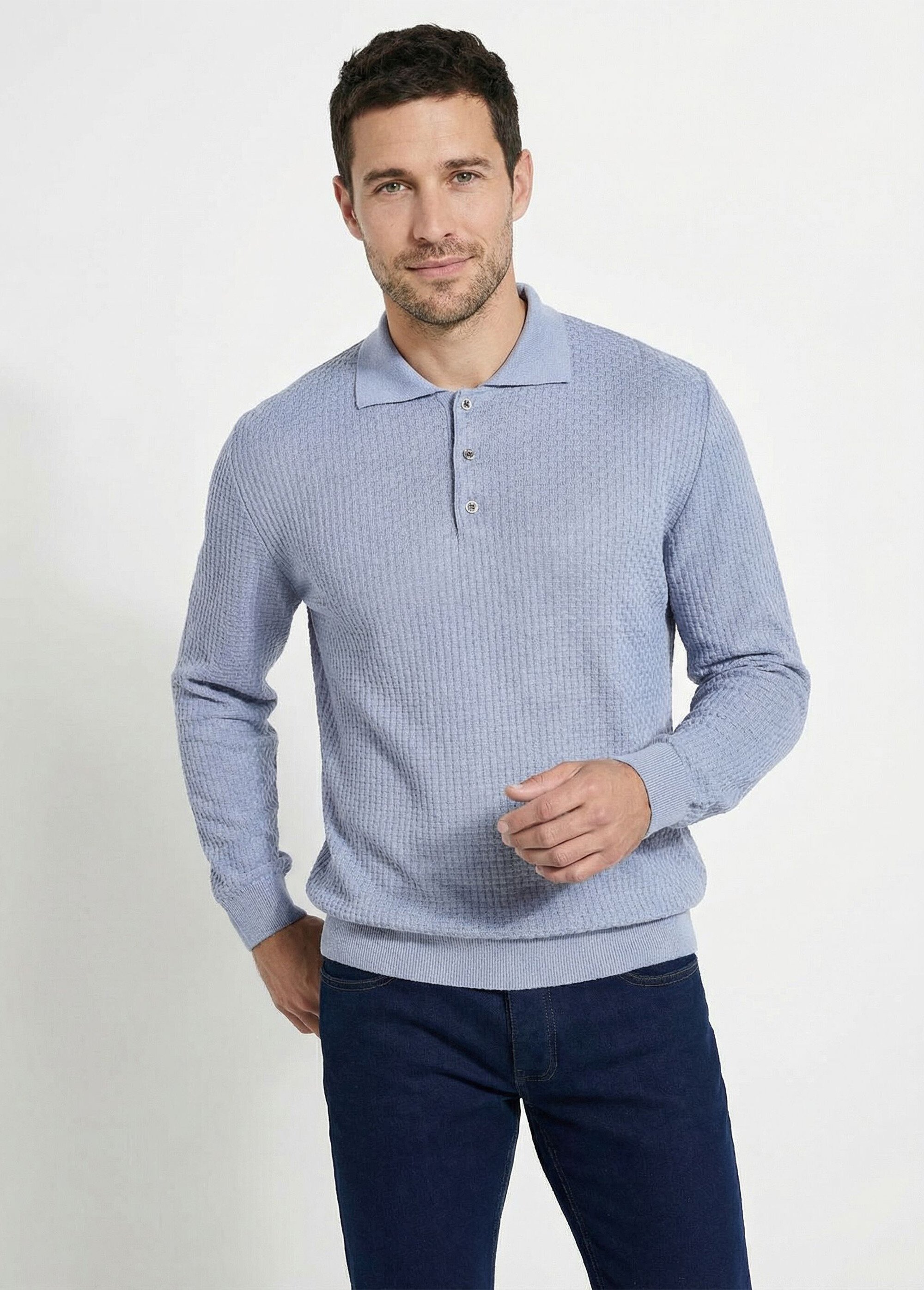 Pull col polo boutonné manches longues coton Homme Gris FORMEL MV1
