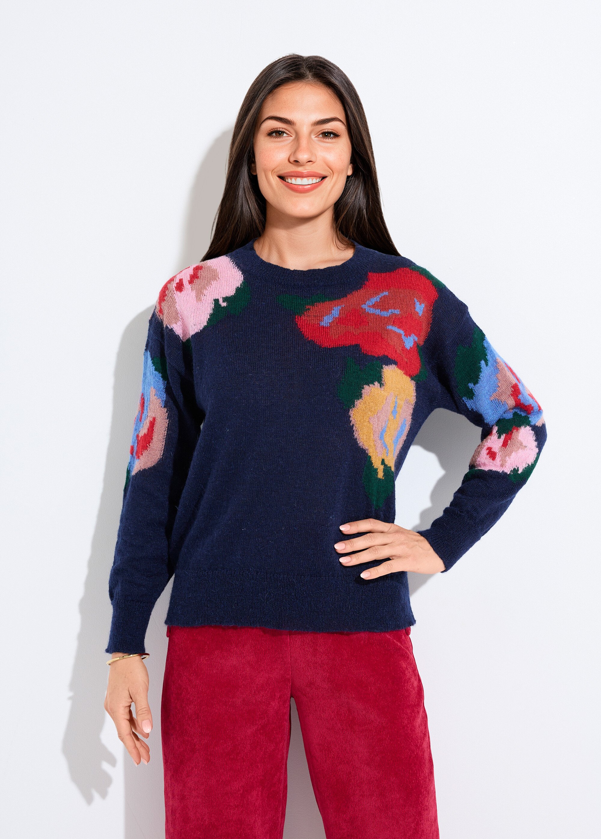 Pull col rond avec mohair jacquard fleuri Femme Bleu PRUNIERE FA1