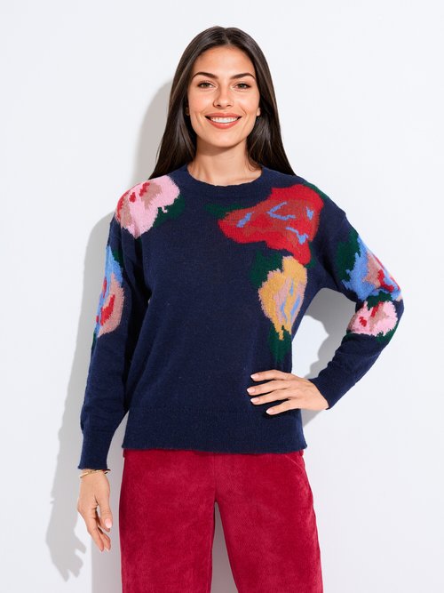Pull col rond avec mohair jacquard fleuri Femme Bleu PRUNIERE FA1