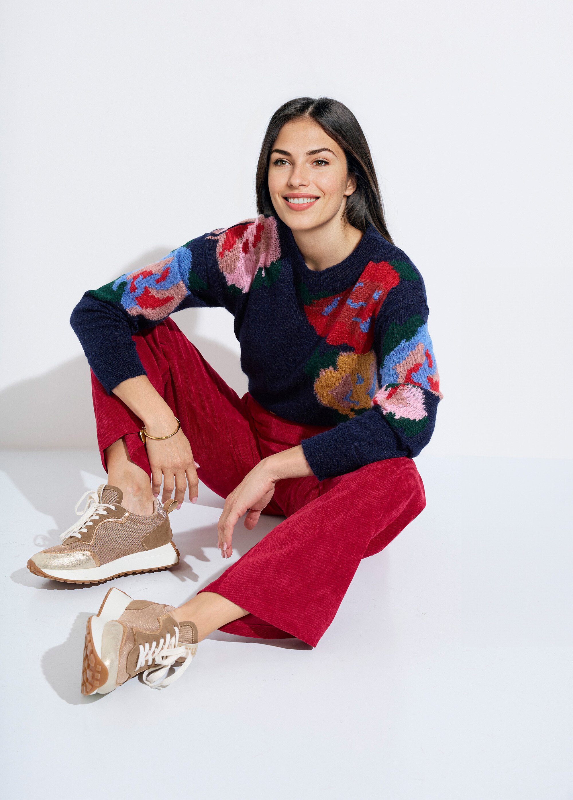 Pull col rond avec mohair jacquard fleuri Femme Bleu PRUNIERE MV1