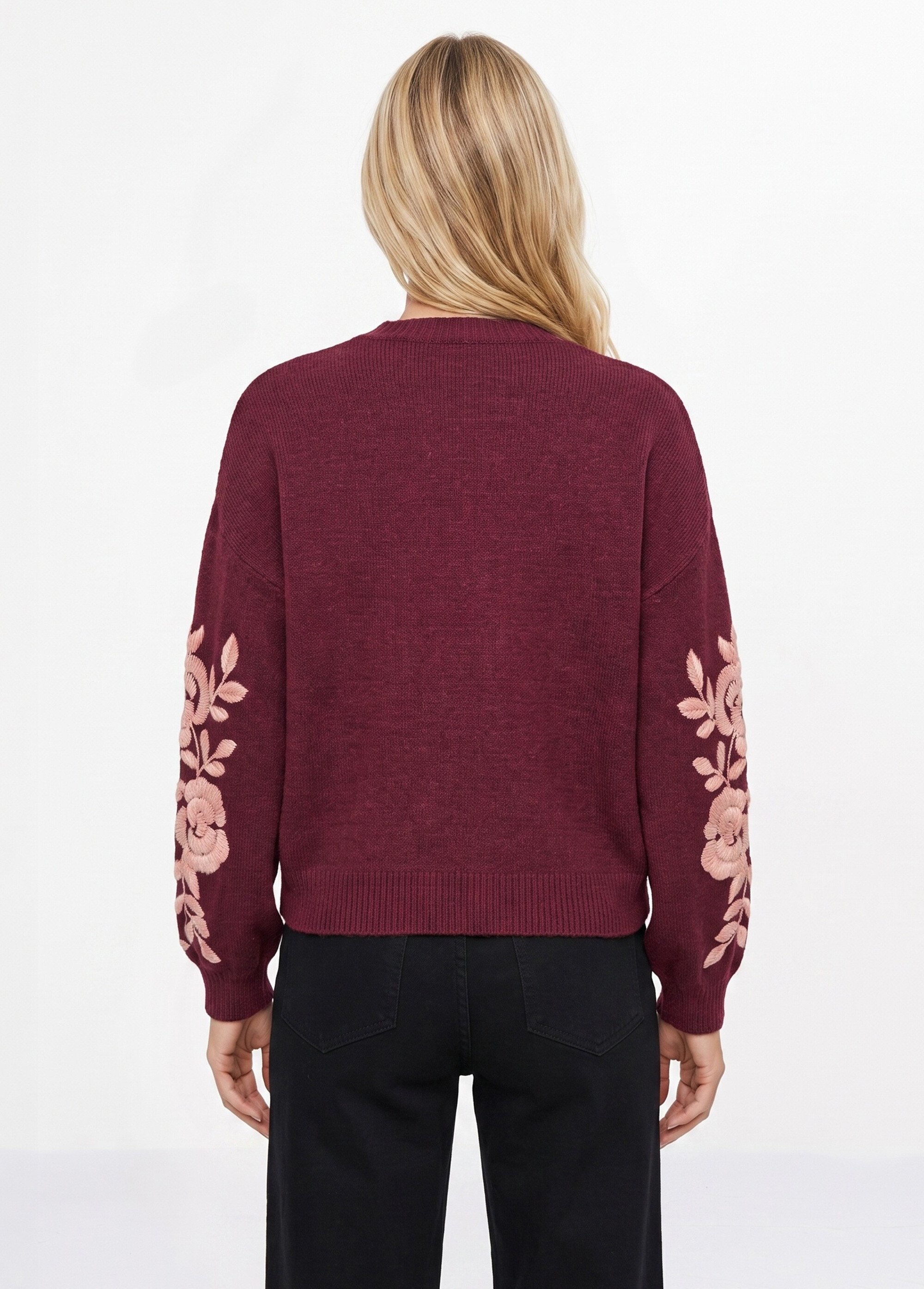 Pull col rond manches longues brodées Femme Rouge JSM-JP8586 DO1