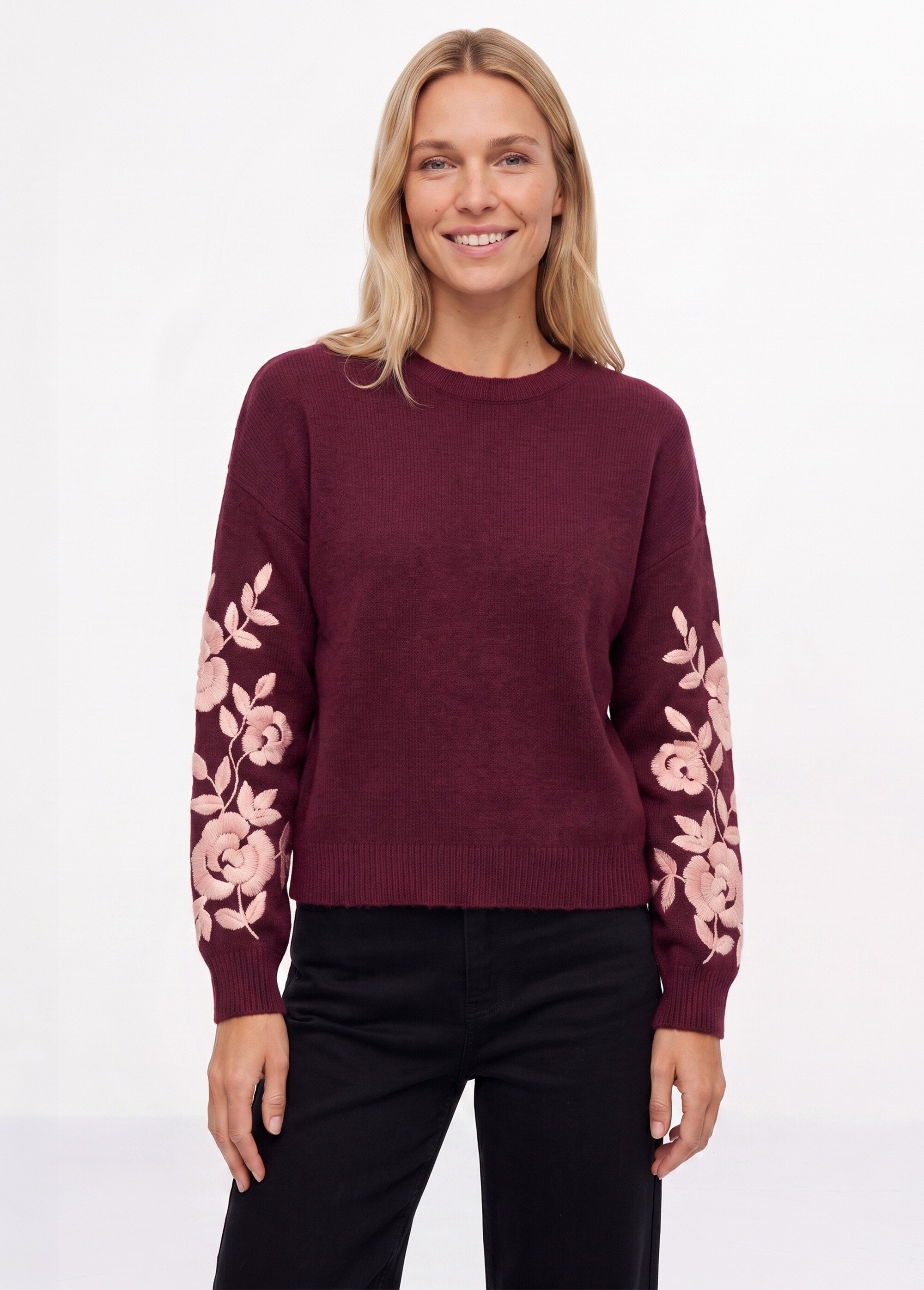 Pull col rond manches longues brodées Femme Rouge JSM-JP8586 FA1