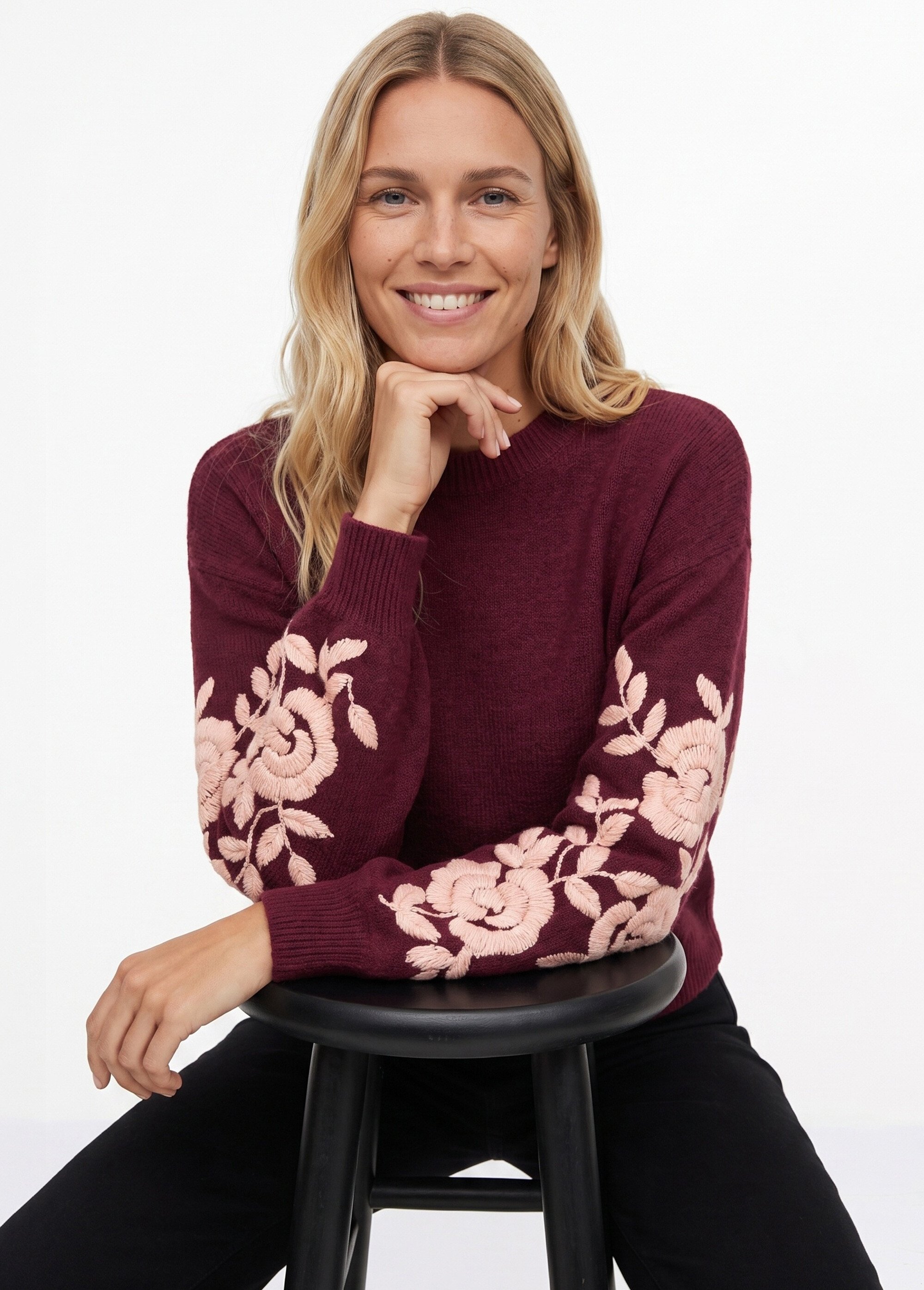 Pull col rond manches longues brodées Femme Rouge JSM-JP8586 MV1