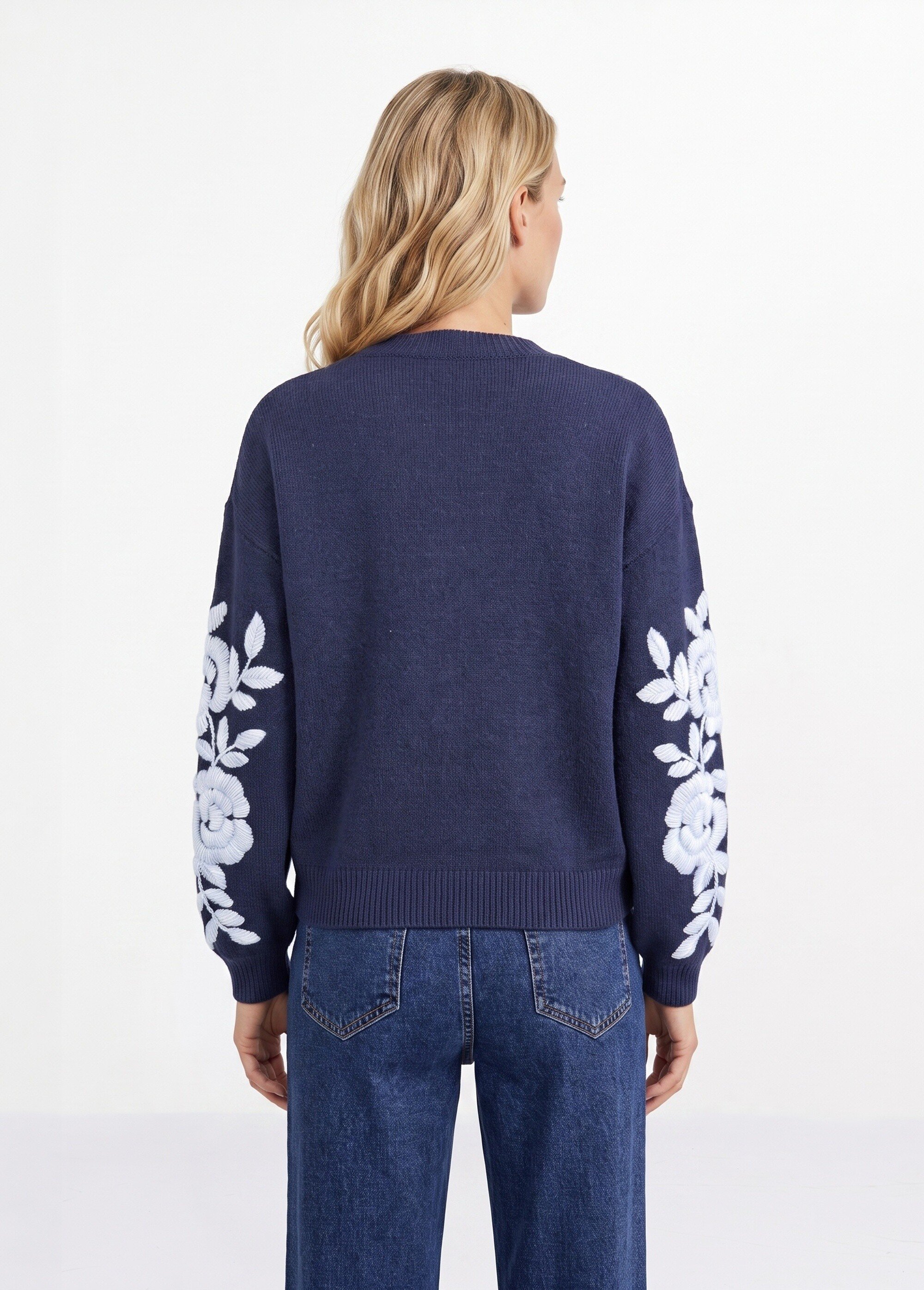 Pull col rond manches longues brodées Femme Bleu JSM-JP8586 DO1