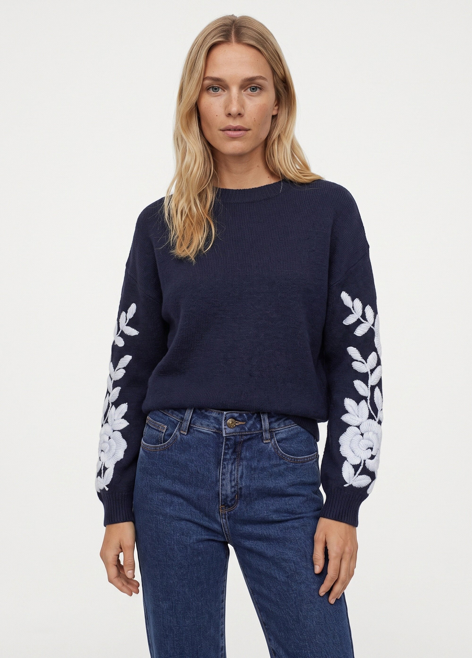 Pull col rond manches longues brodées Femme Bleu JSM-JP8586 FA1