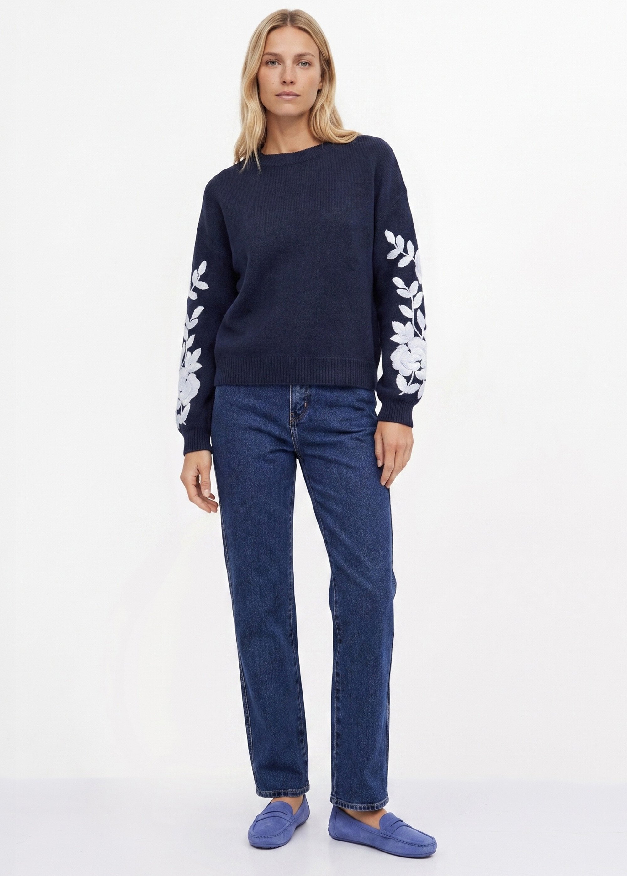 Pull col rond manches longues brodées Femme Bleu JSM-JP8586 SI1
