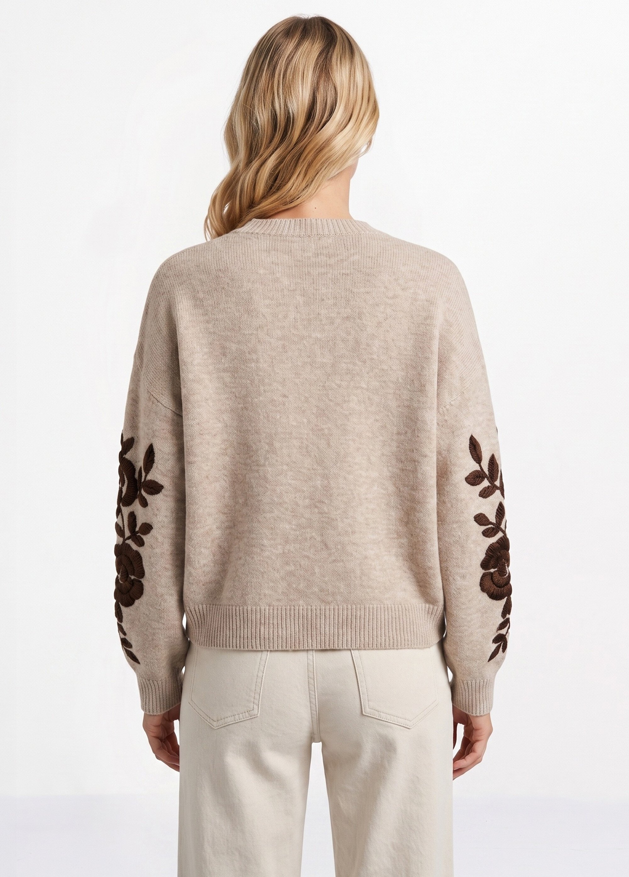 Pull col rond manches longues brodées Femme Beige JSM-JP8586 DO1