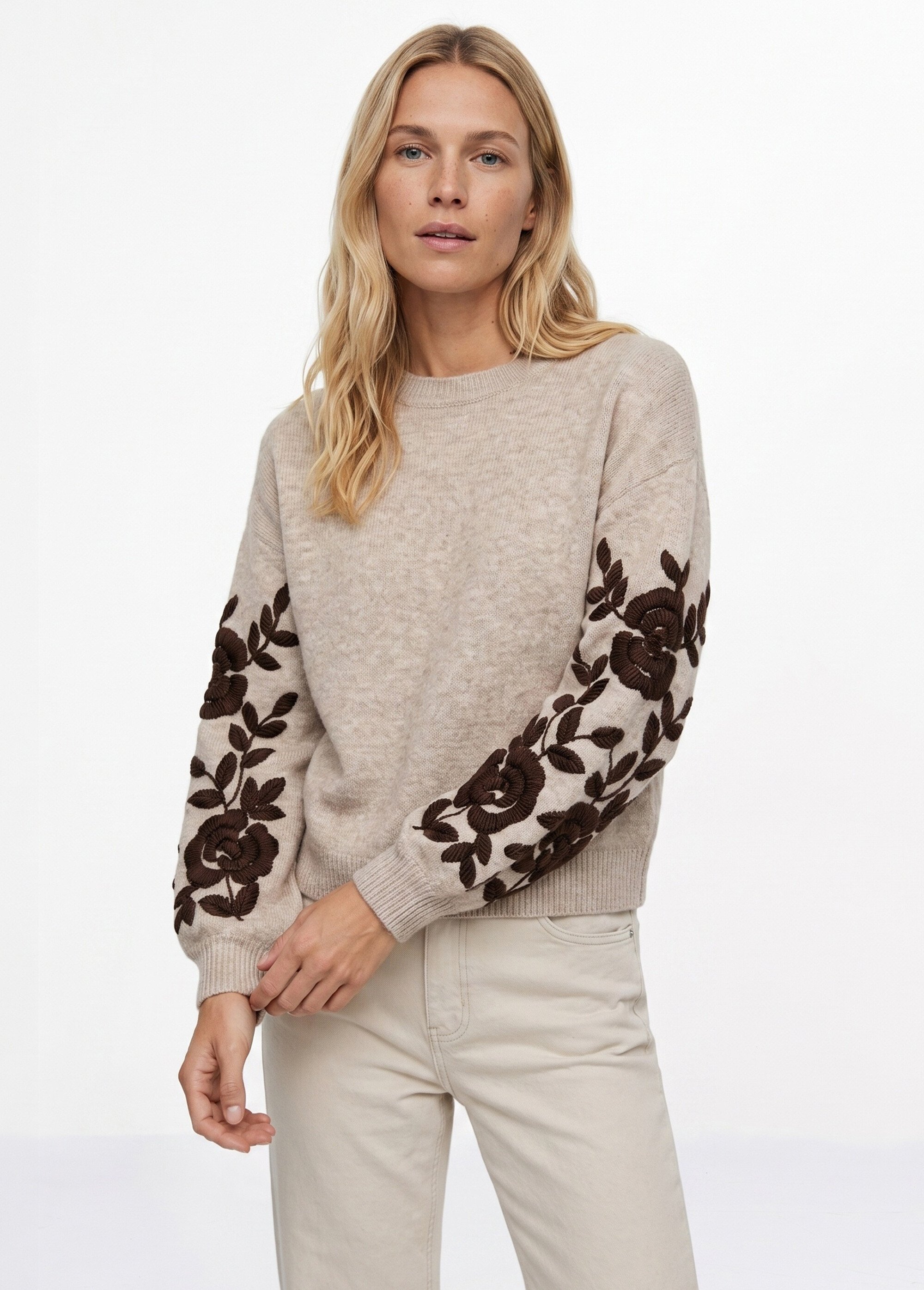 Pull col rond manches longues brodées Femme Beige JSM-JP8586 FA1