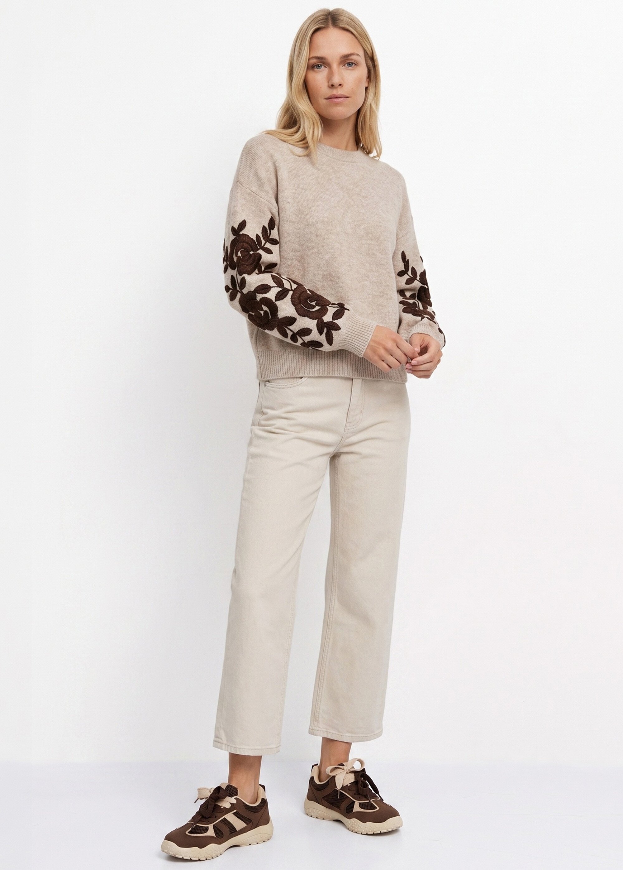 Pull col rond manches longues brodées Femme Beige JSM-JP8586 SI1
