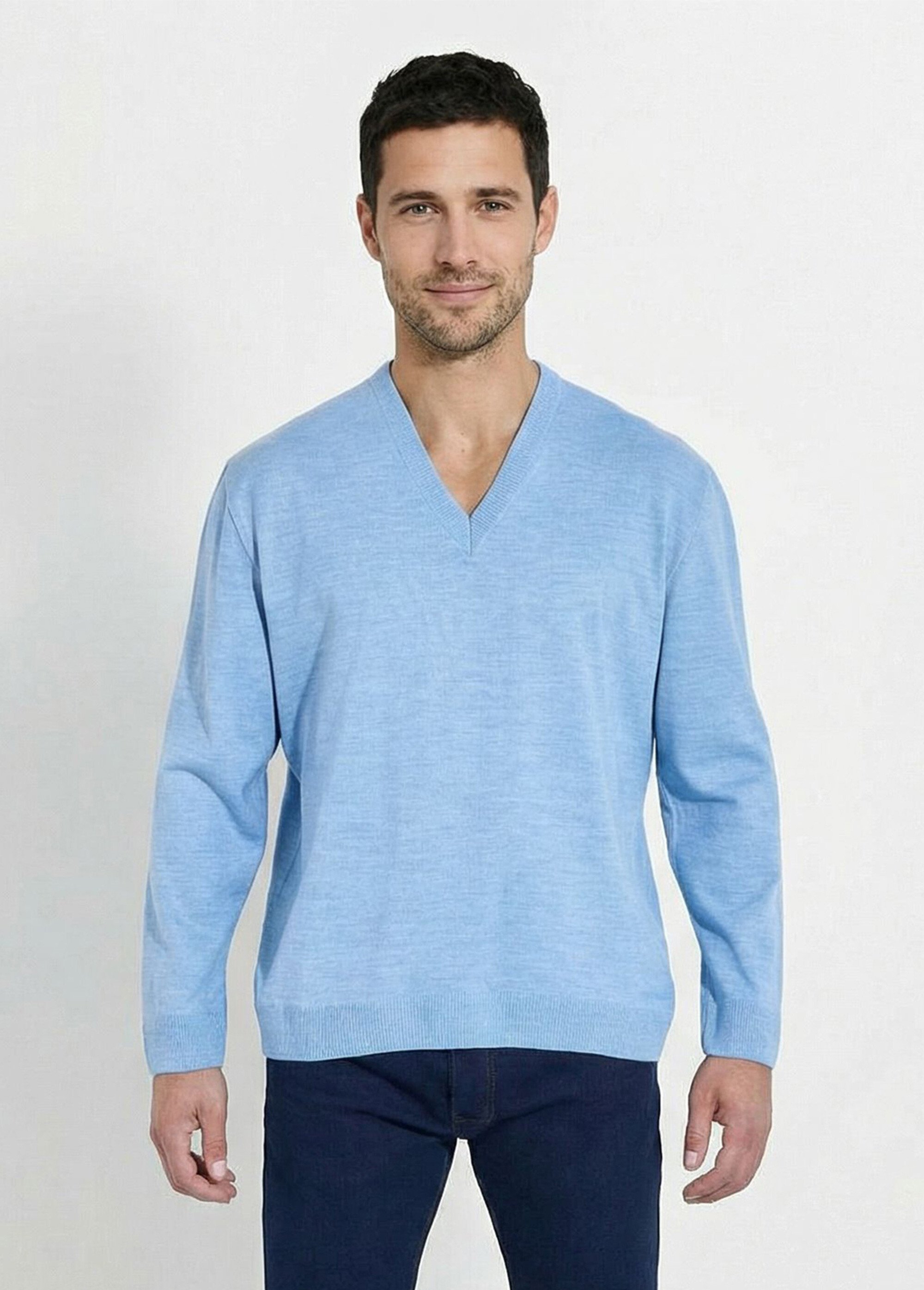 Pull fin col V jersey doux manches longues Homme BLEU CIEL FINEST FA1