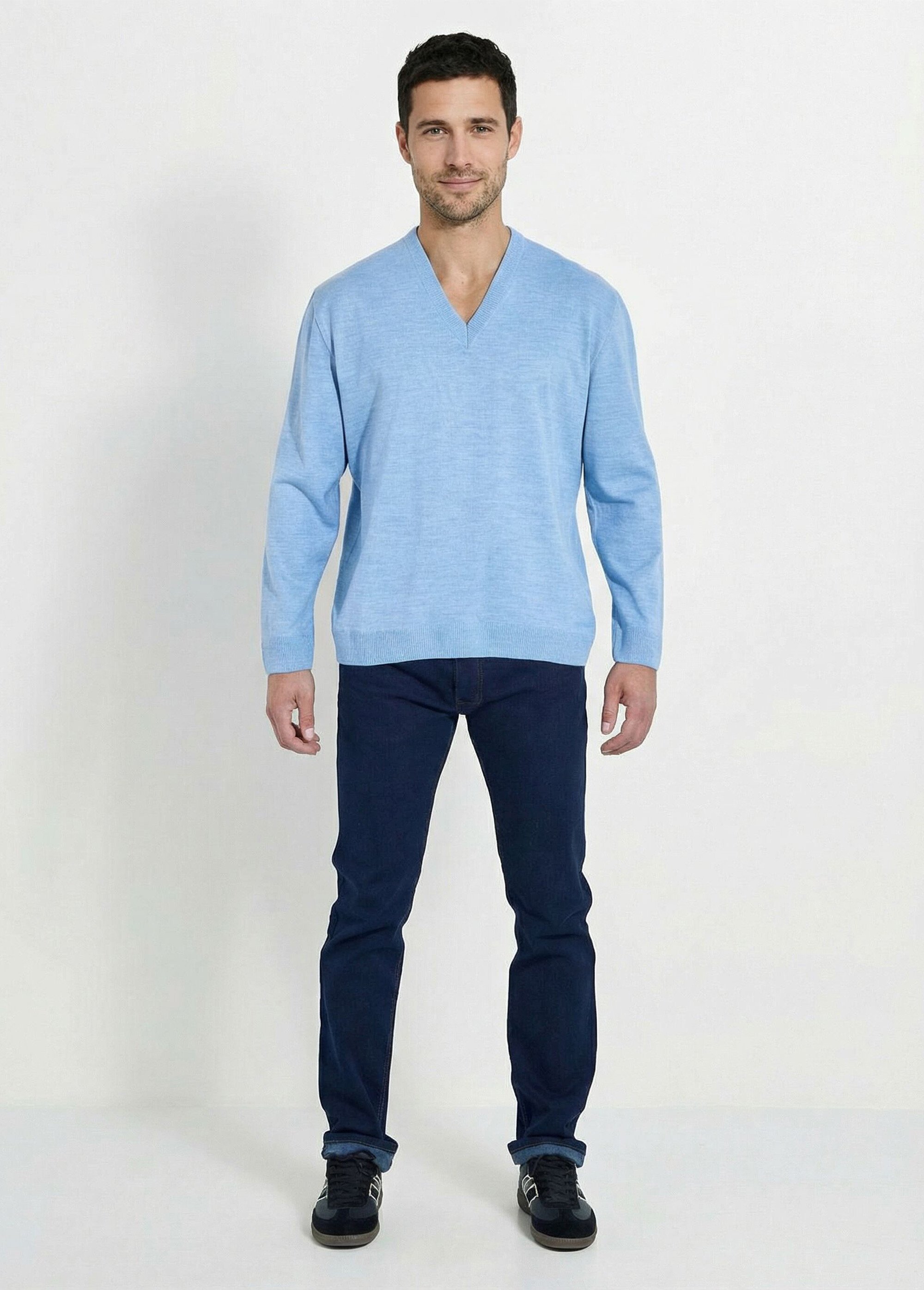 Pull fin col V jersey doux manches longues Homme BLEU CIEL FINEST SF1