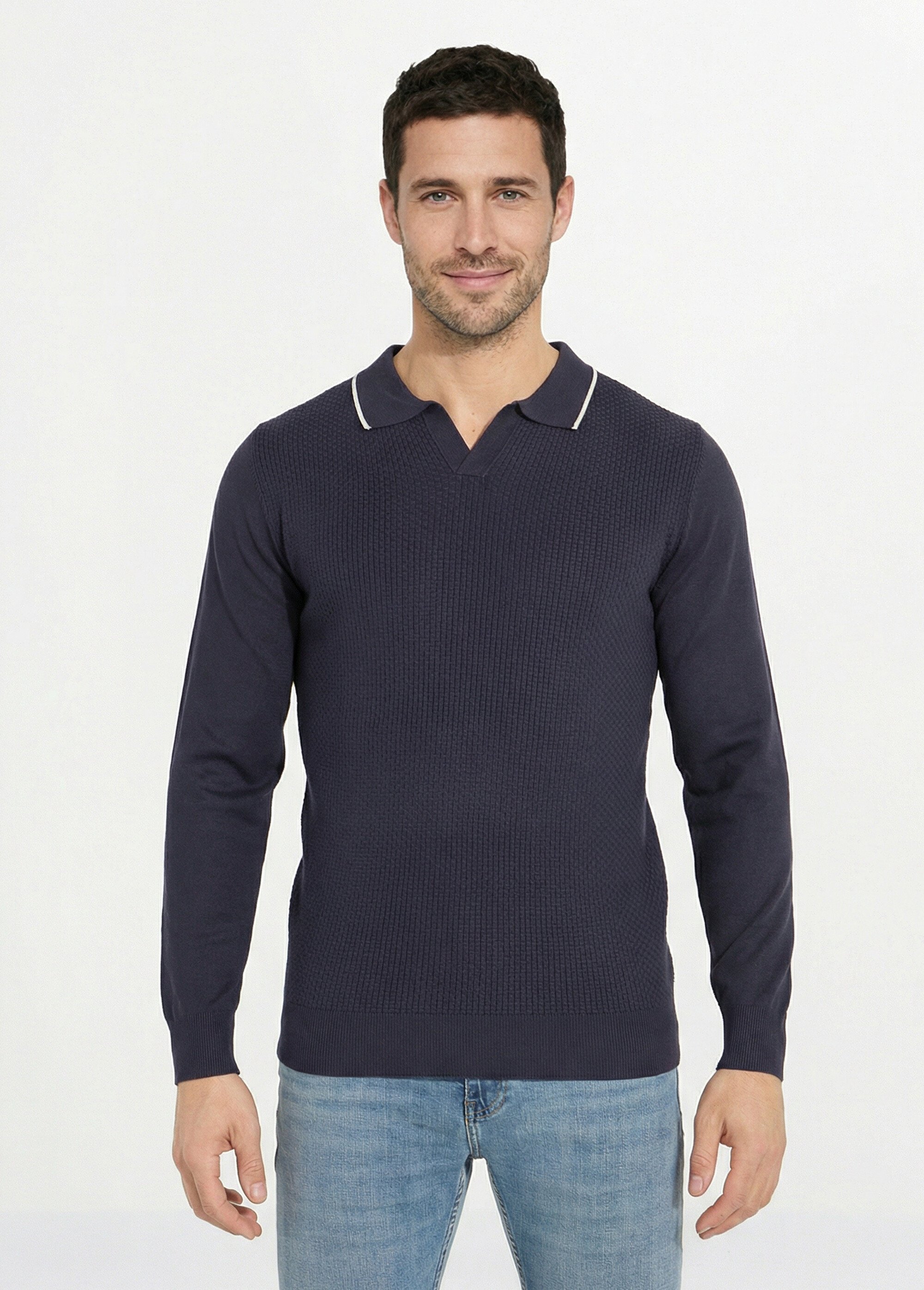 Pull maille texturée fine jauge col polo Homme Bleu FRIM658 FA1