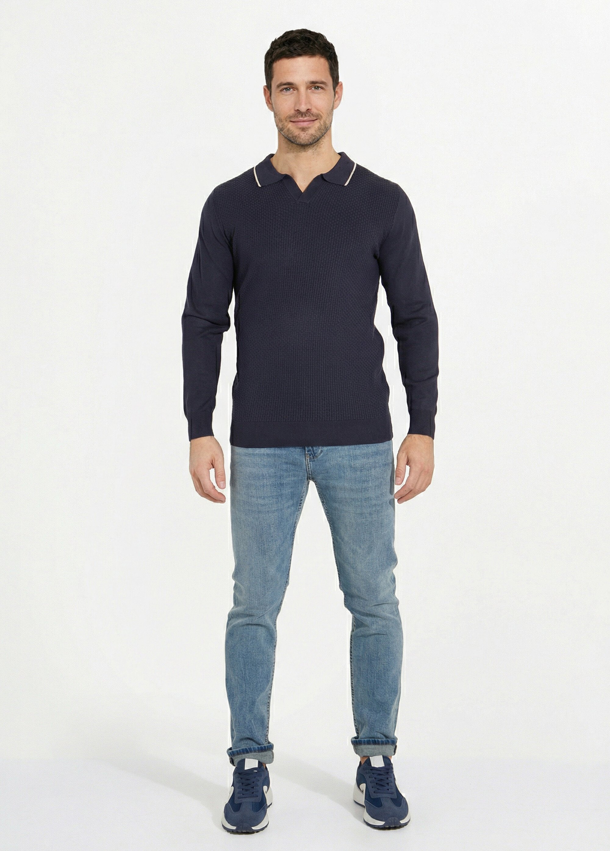 Pull maille texturée fine jauge col polo Homme Bleu FRIM658 SF1