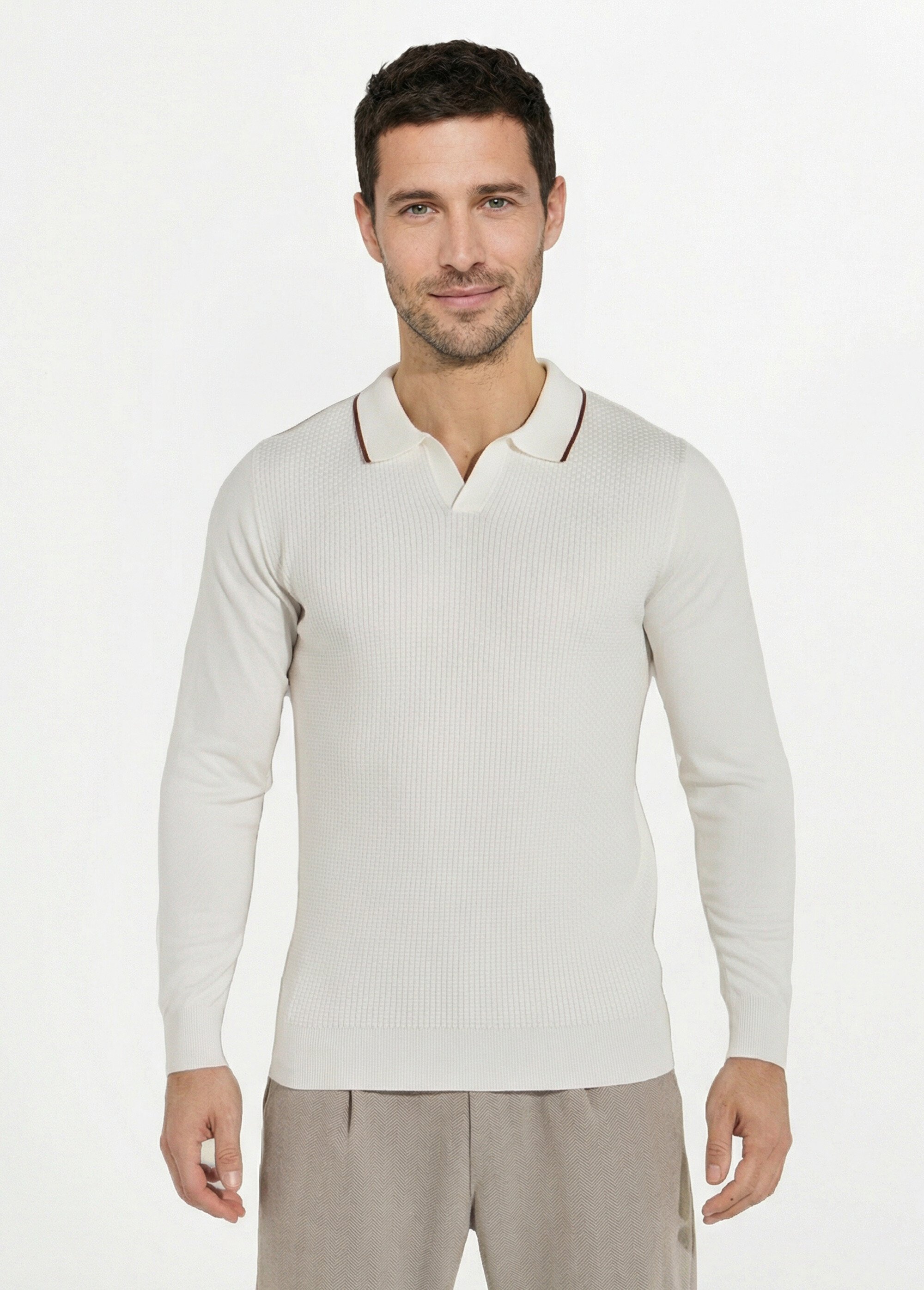 Pull maille texturée fine jauge col polo Homme Blanc FRIM658 FA1