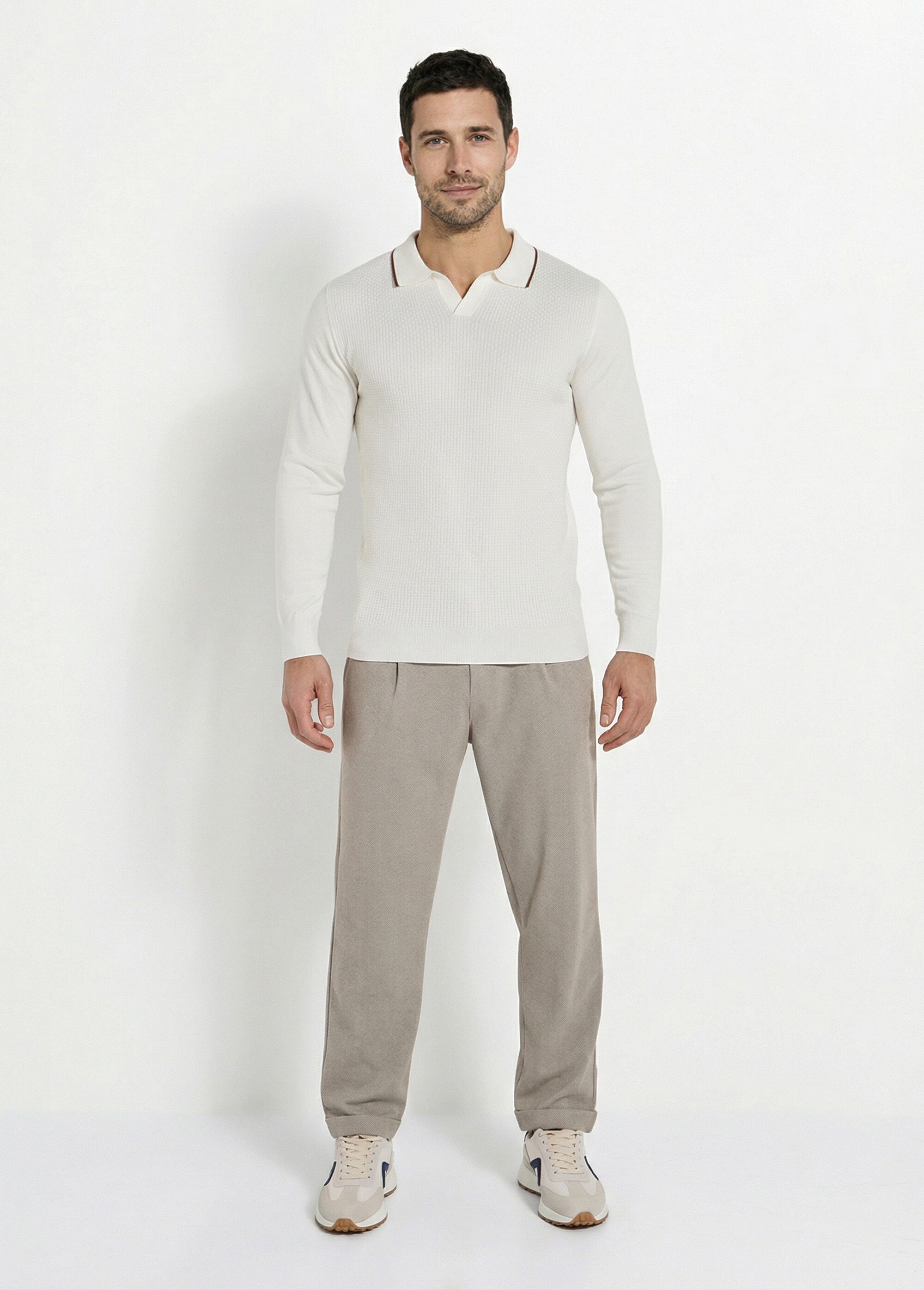 Pull maille texturée fine jauge col polo Homme Blanc FRIM658 SF1