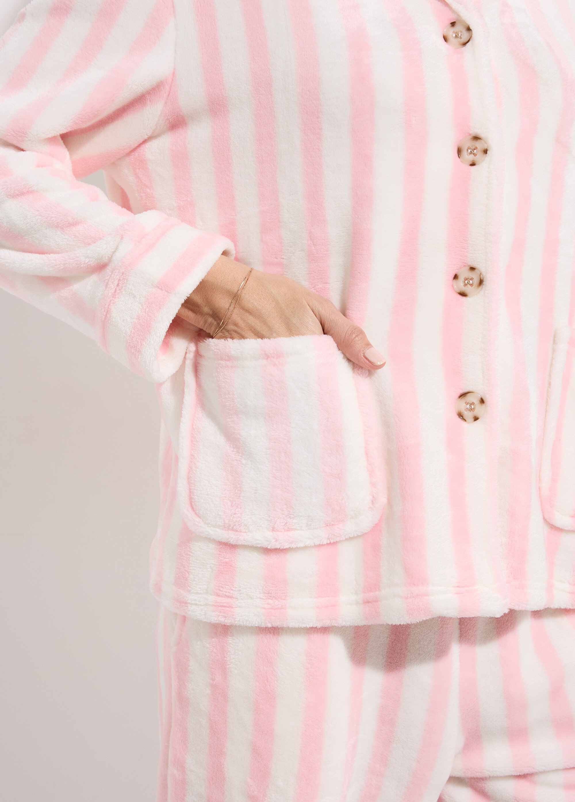 Pyjama 2 pièces en polaire rayé Femme Rose H-NPJ6681 DE3