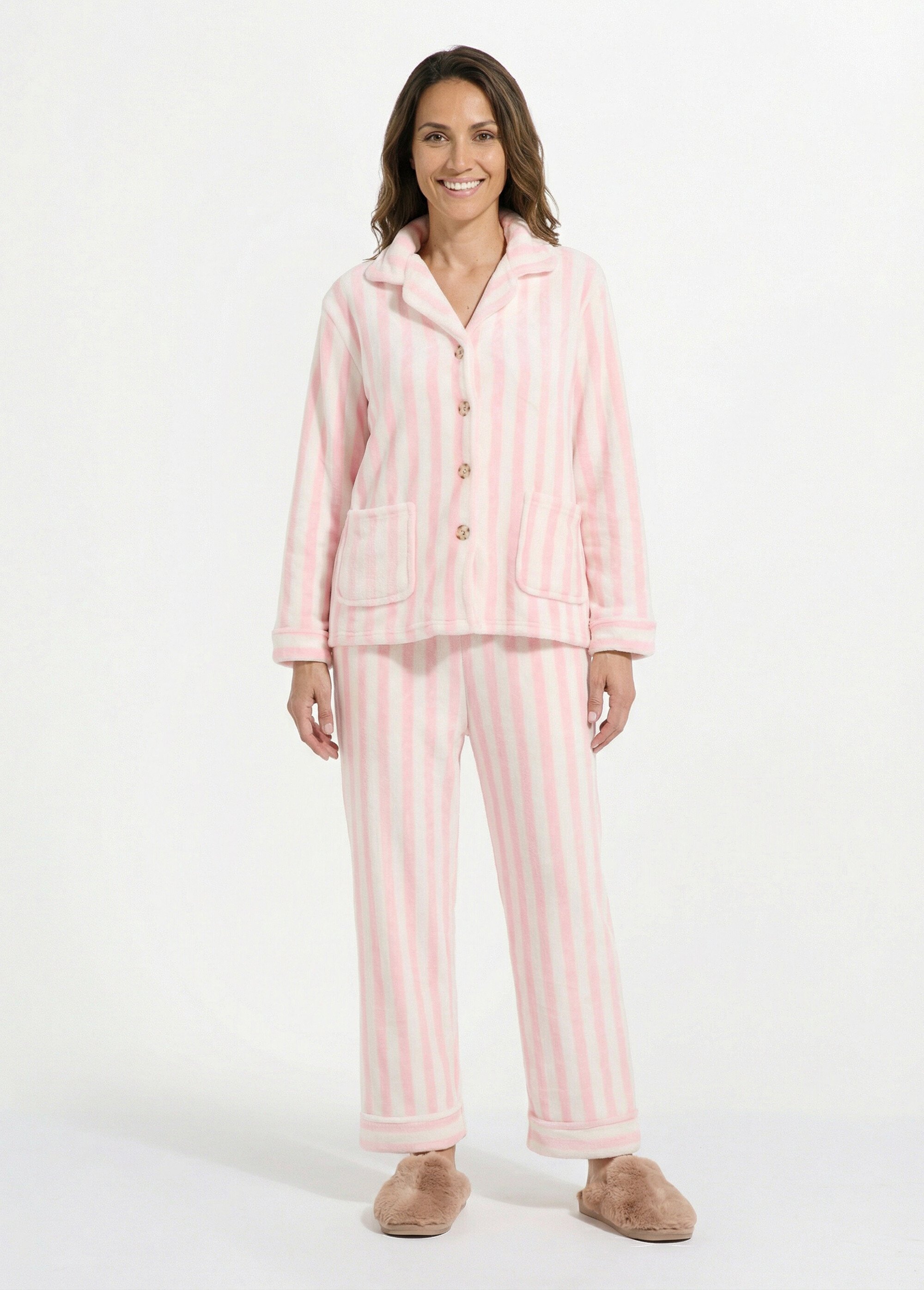 Pyjama 2 pièces en polaire rayé Femme Rose H-NPJ6681 FA1