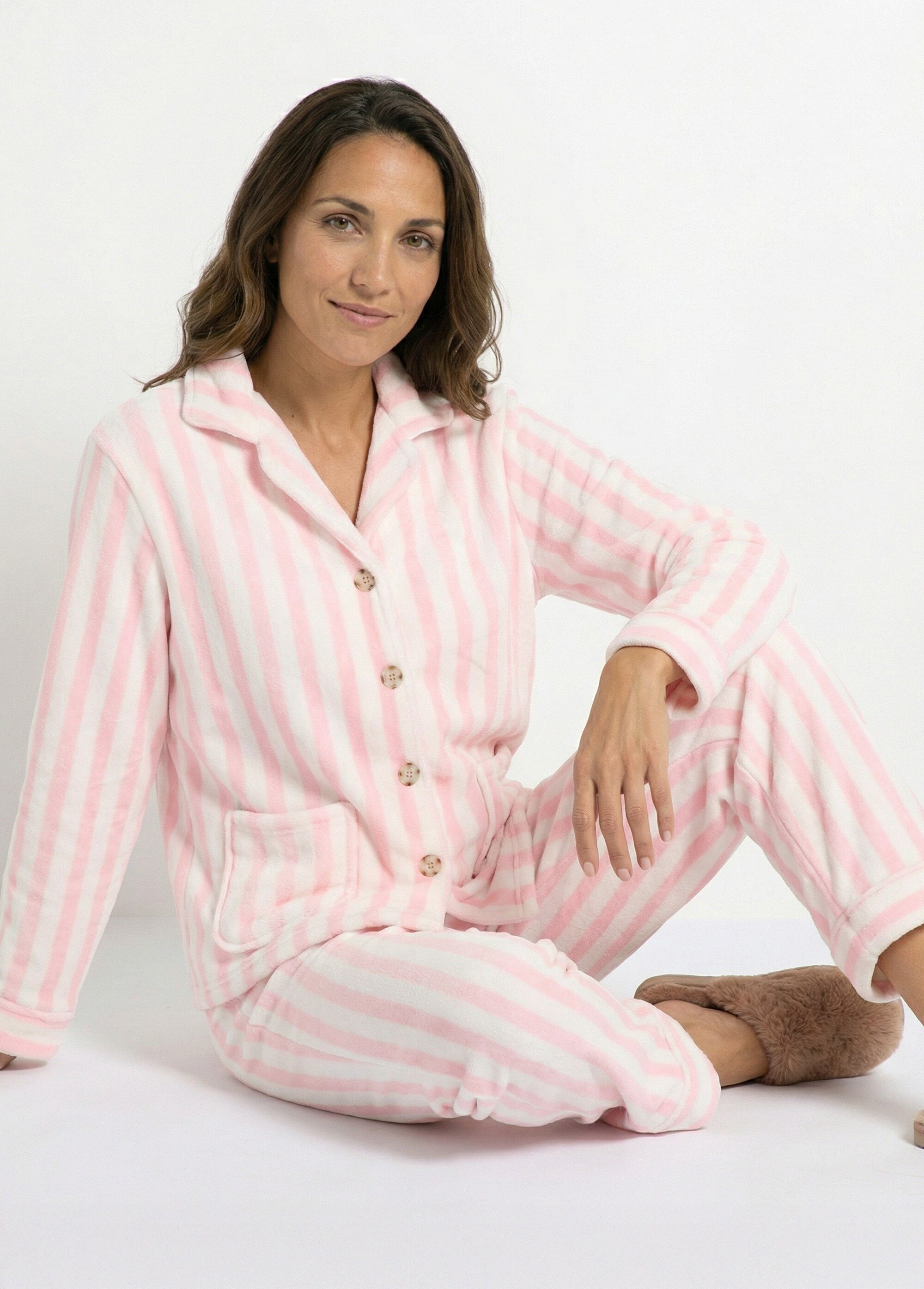 Pyjama 2 pièces en polaire rayé Femme Rose H-NPJ6681 SF1