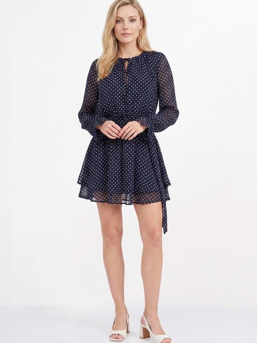 Robe courte plissée chic voile pois Femme Bleu JSM-BR6282 FA1