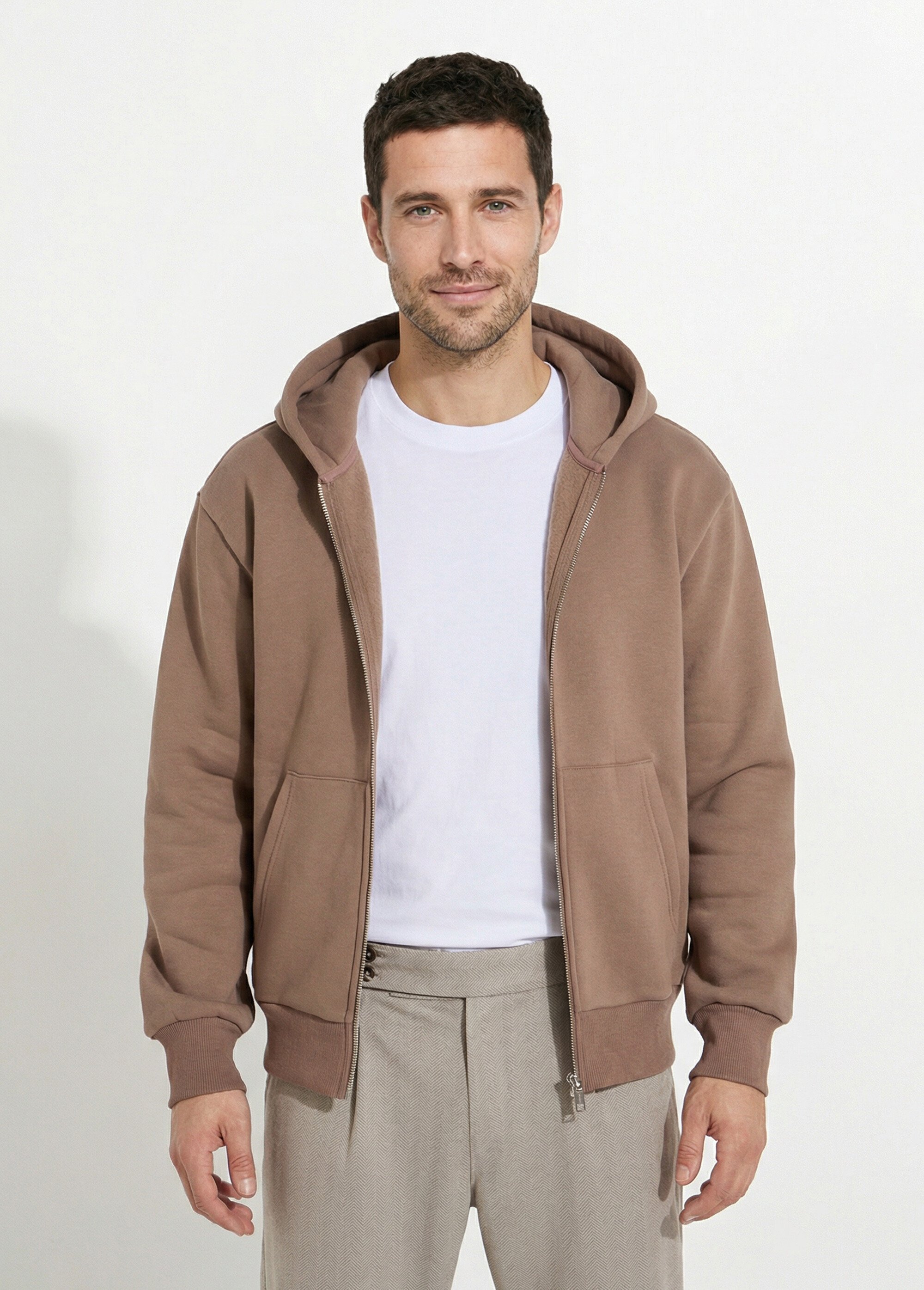 Sweat zippé capuche et poche kangourou Homme Marron FRIOT54C FA1