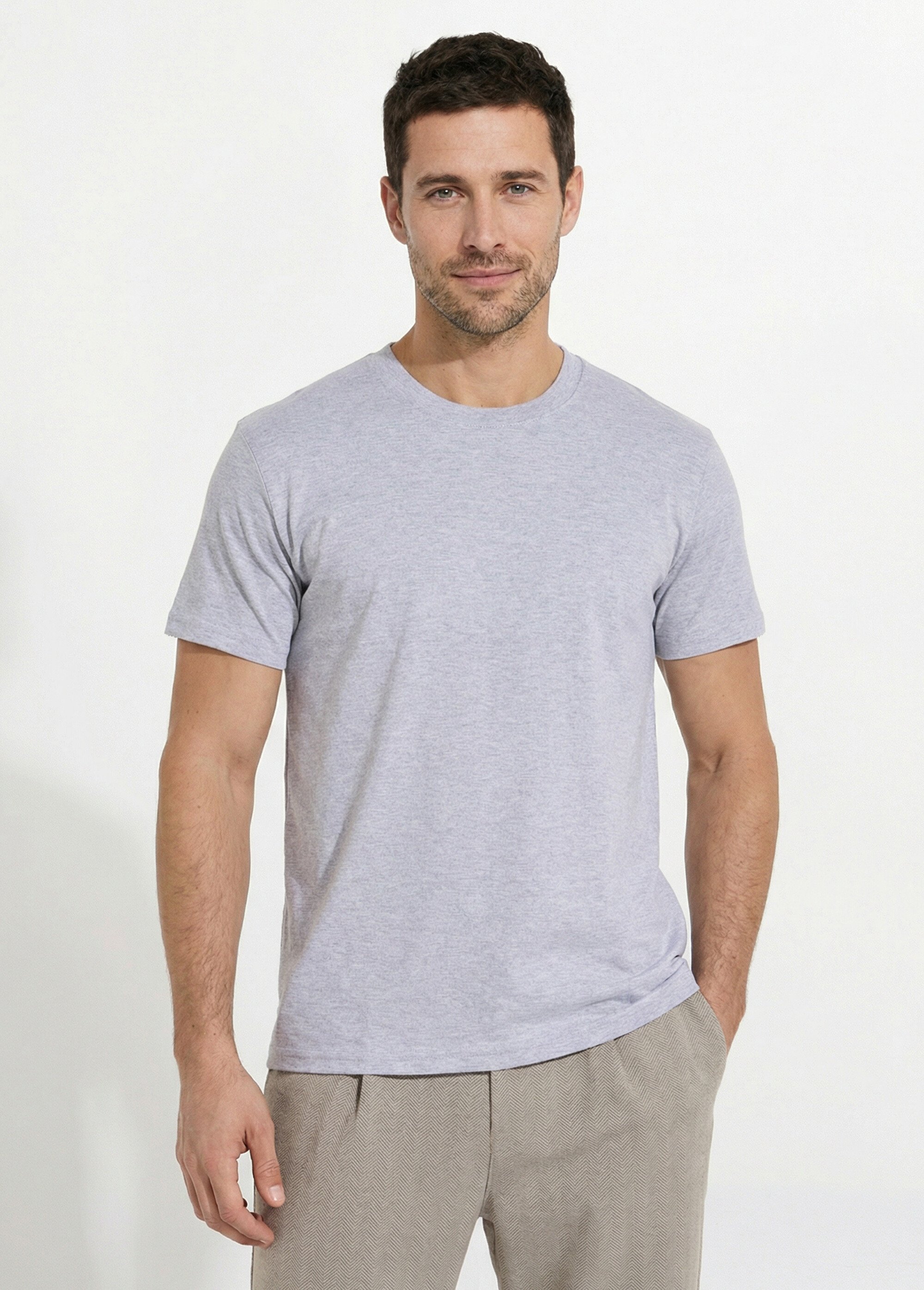 T-shirt pur coton avec col rond, Essentiel Homme Gris FRIBM1679 FA1
