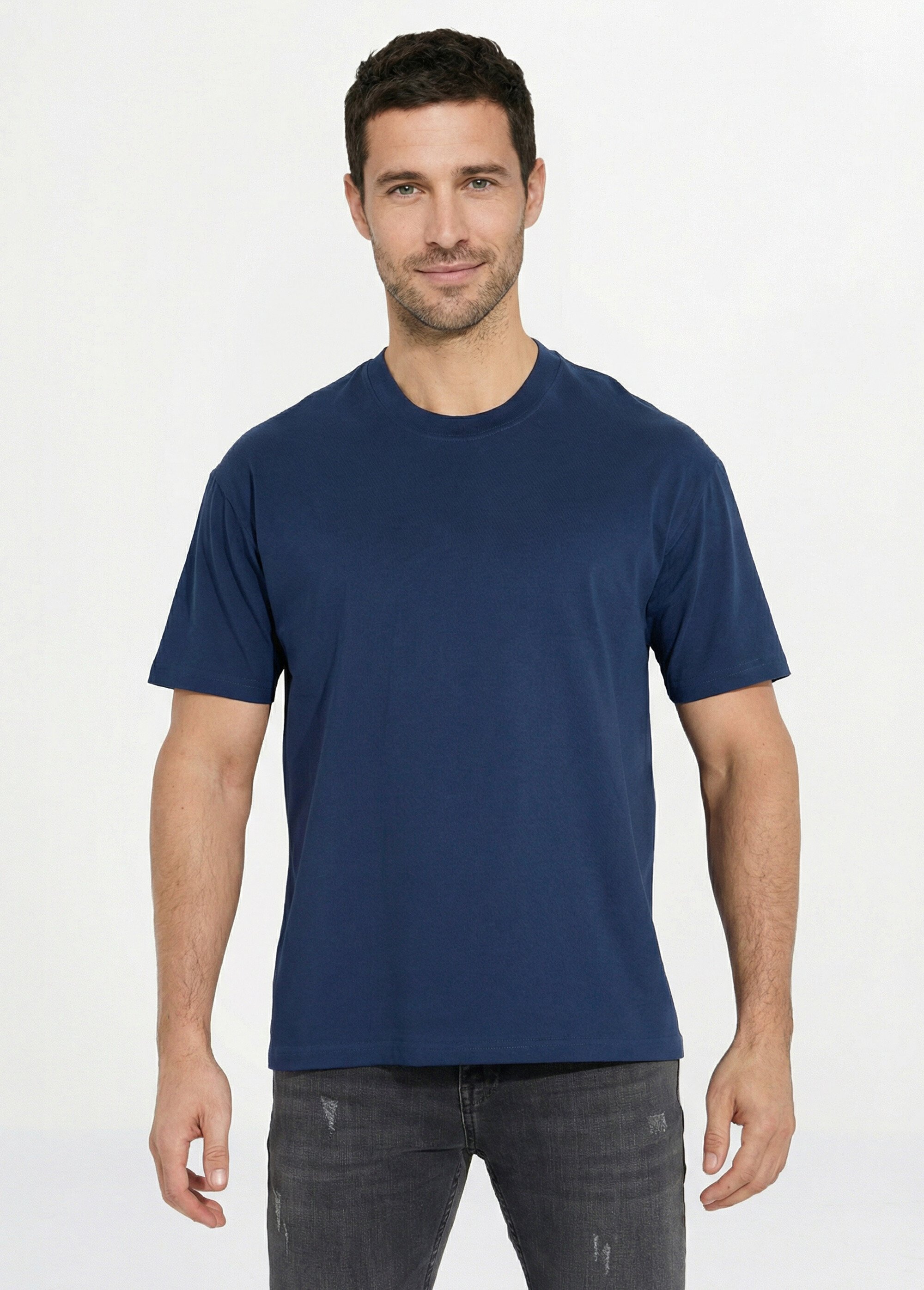 T-shirt pur coton avec col rond, Essentiel Homme Bleu FRIBM1679 FA1