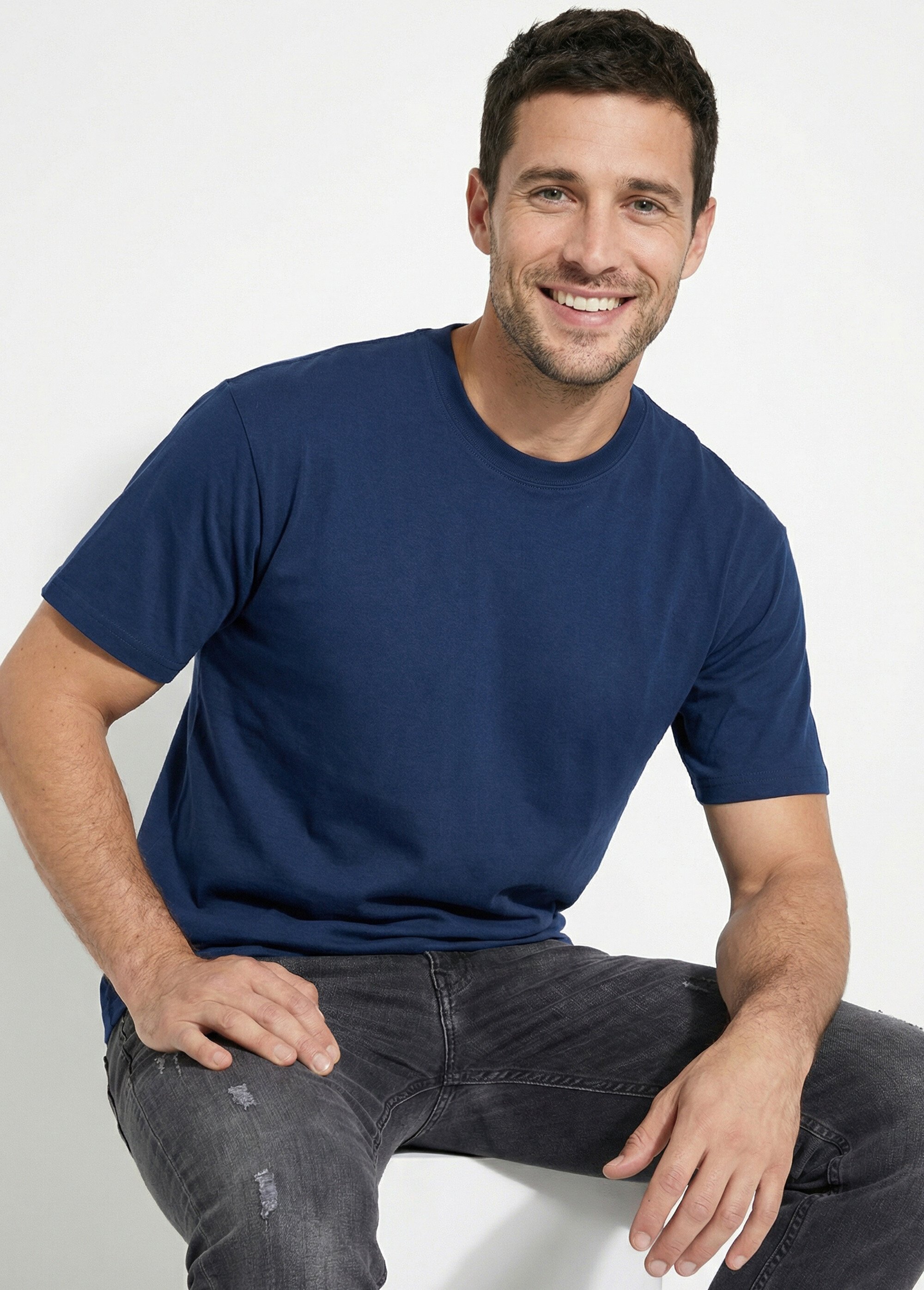 T-shirt pur coton avec col rond, Essentiel Homme Bleu FRIBM1679 MV1