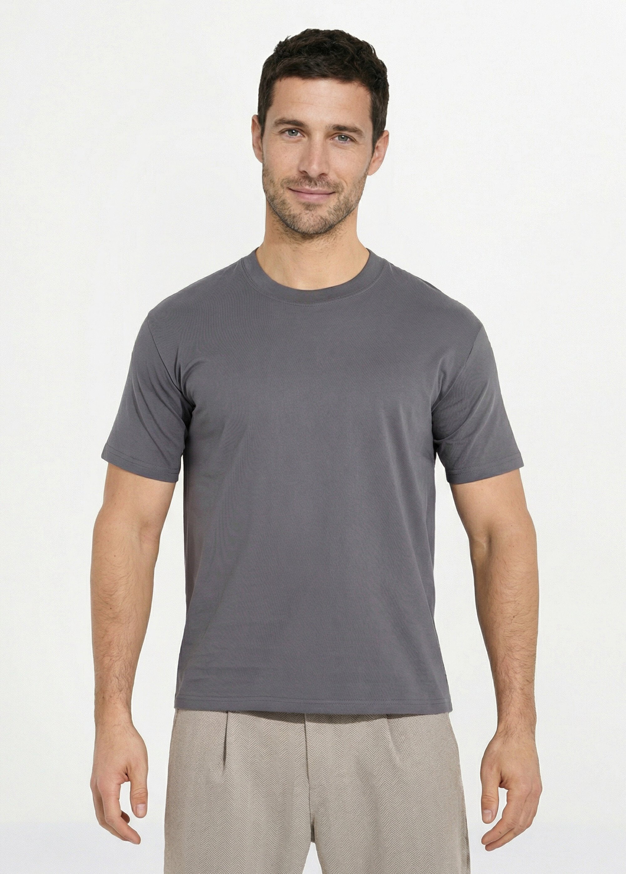 T-shirt pur coton avec col rond, Essentiel Homme Gris FRIBM1679 FA1