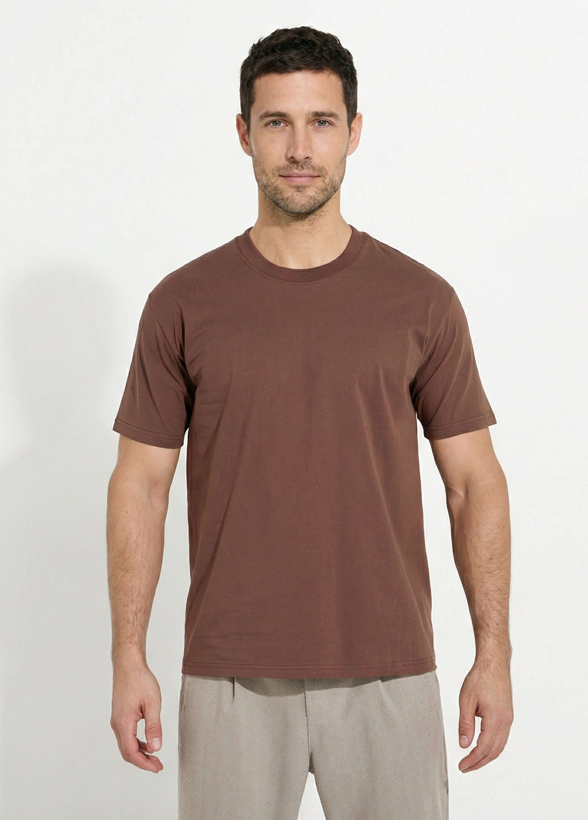 T-shirt pur coton avec col rond, Essentiel Homme Marron FRIBM1679 FA1
