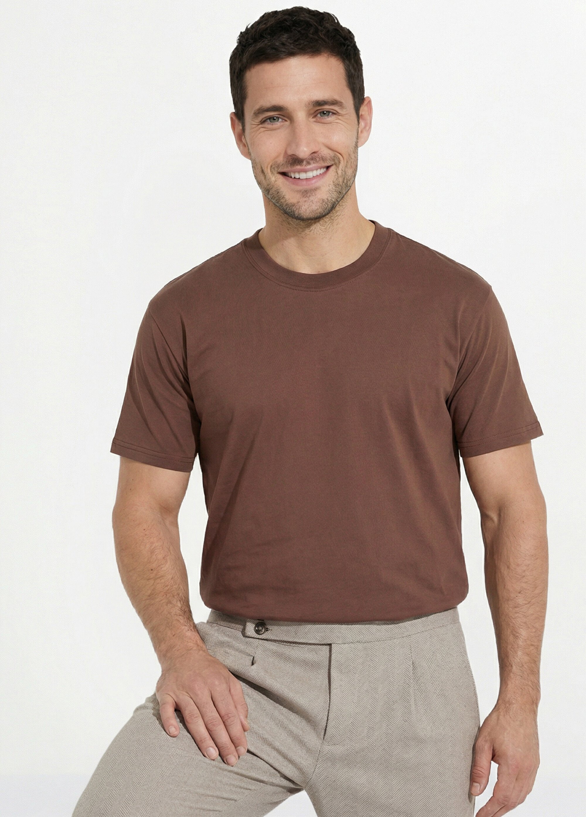 T-shirt pur coton avec col rond, Essentiel Homme Marron FRIBM1679 MV1