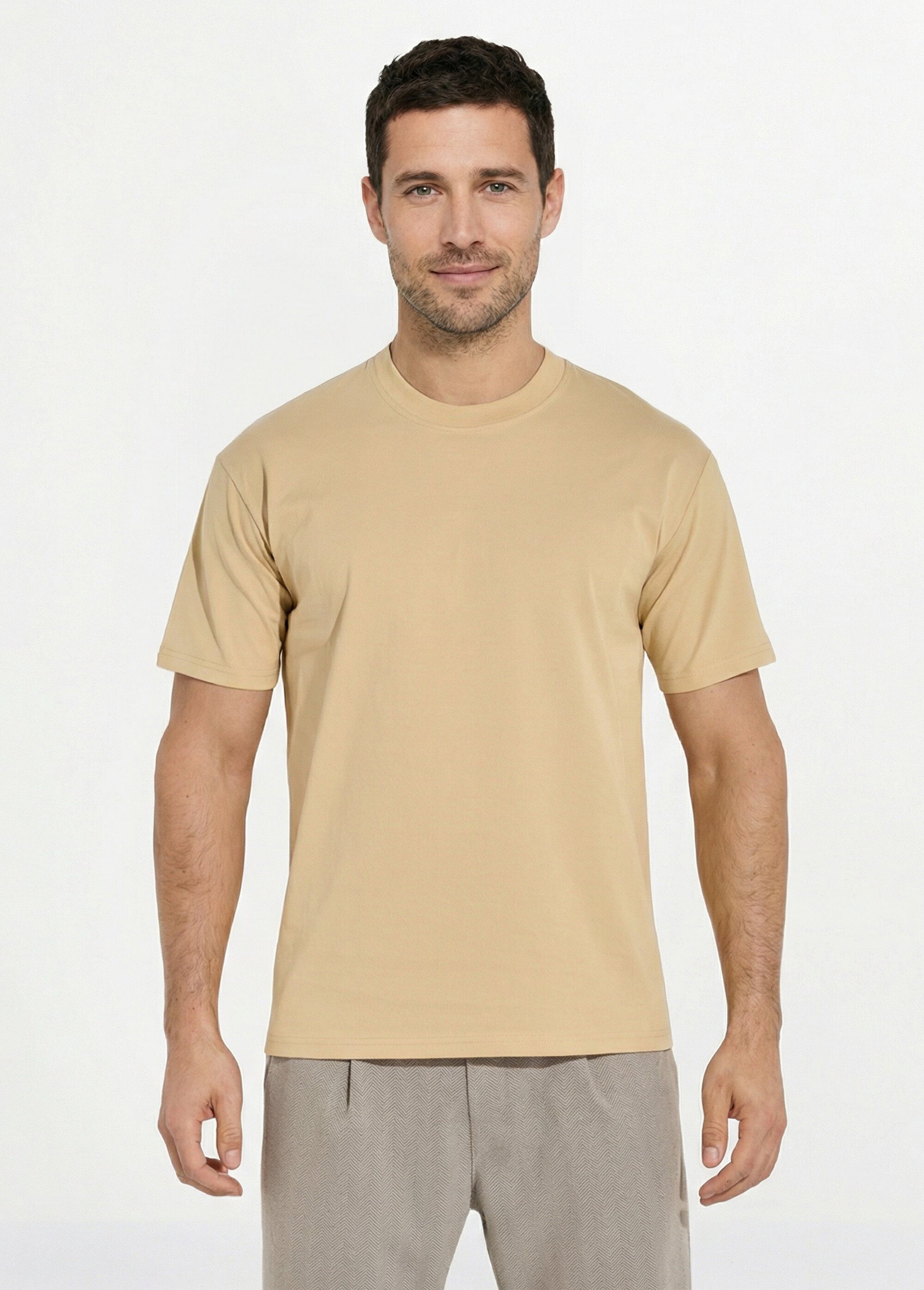 T-shirt pur coton avec col rond, Essentiel Homme Beige FRIBM1679 FA1