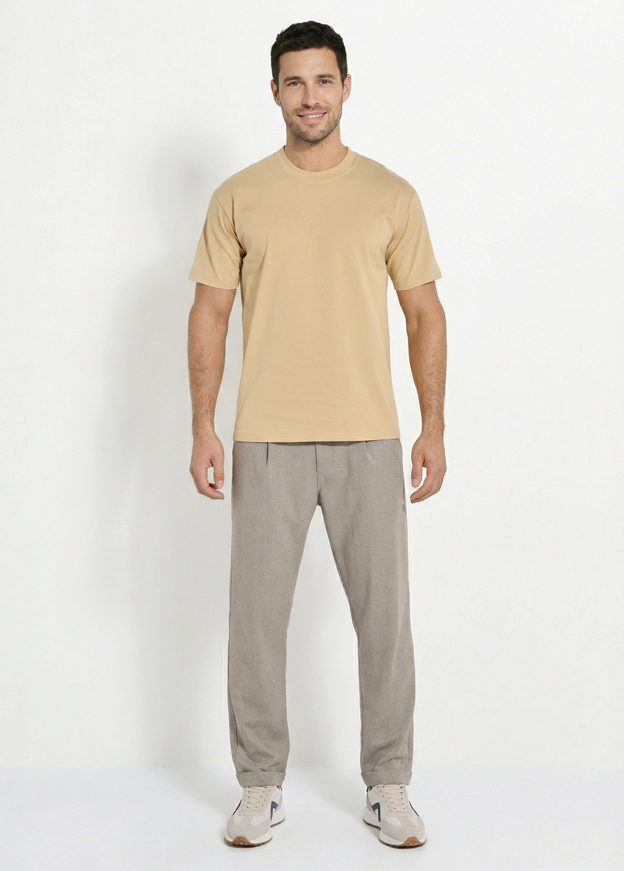 T-shirt pur coton avec col rond, Essentiel Homme Beige FRIBM1679 SF1