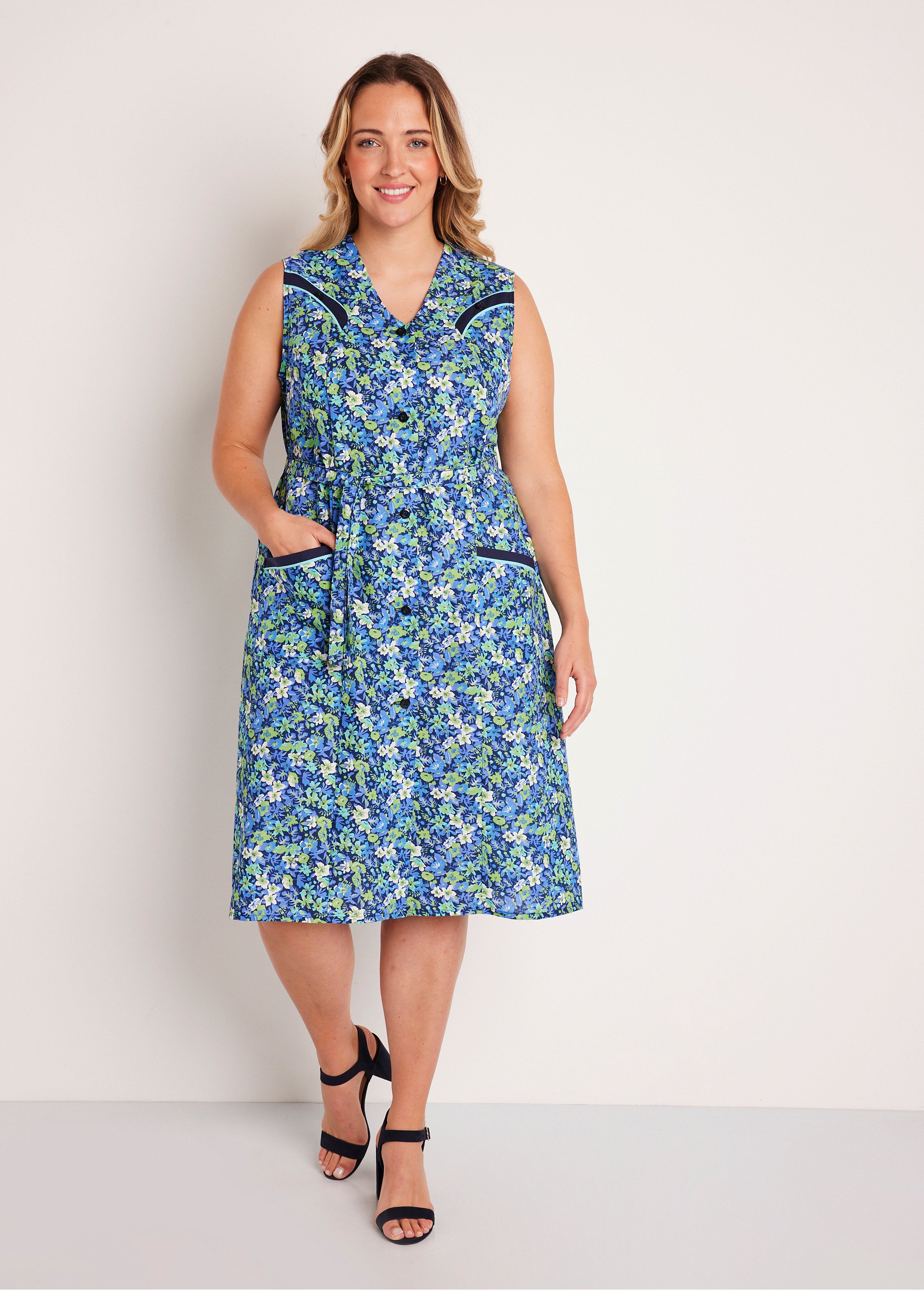 Tablier Sans Manches Boutonné Charmance - Imprimé Bleu - Taille 52 - Coton/Polyester - 2 Poches