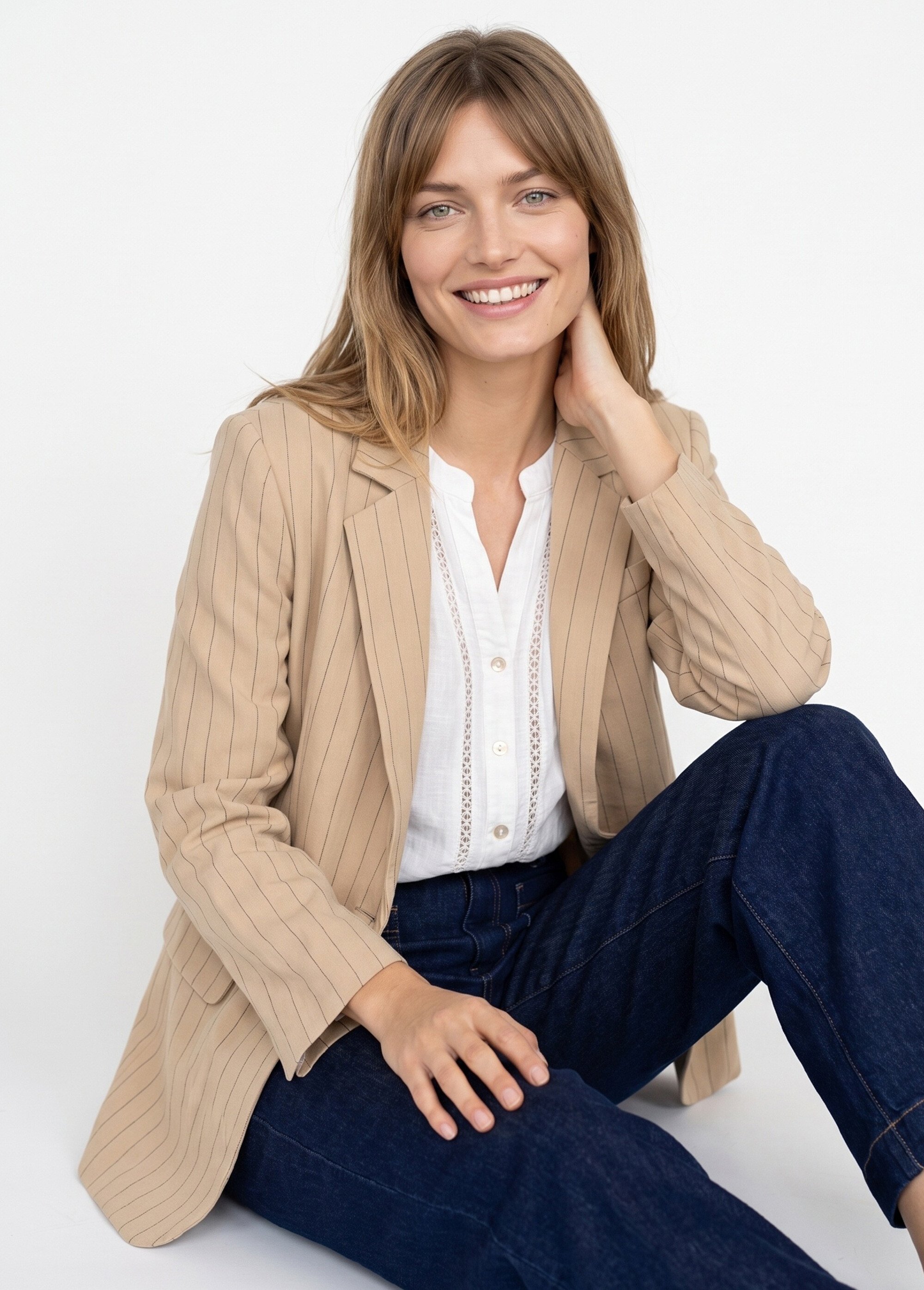 Veste col tailleur avec rayures tennis Femme Beige JSM-JS1127 MV1